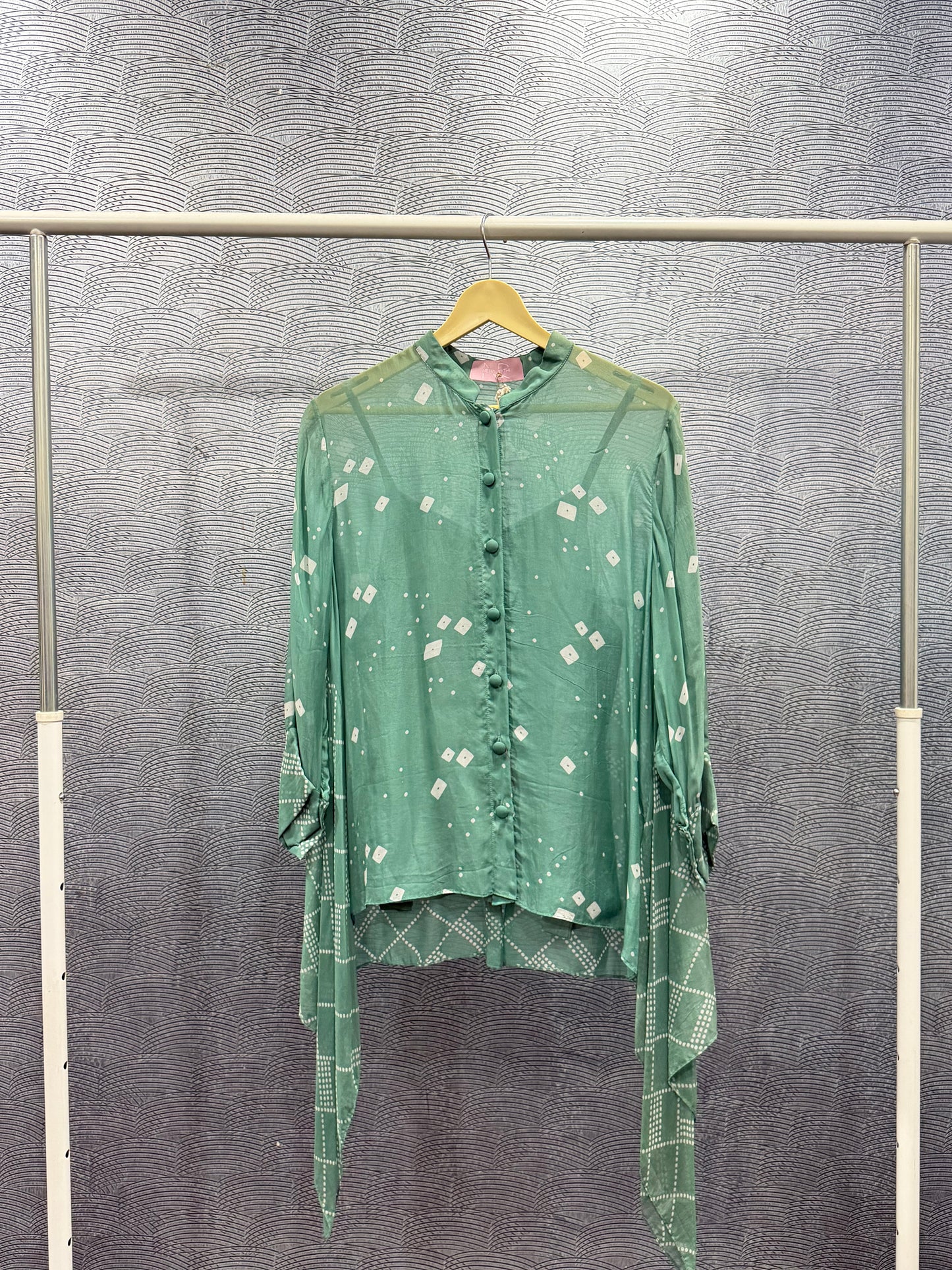 GREEN BANDHANI & CHECKS HIGH LOW SHIRT