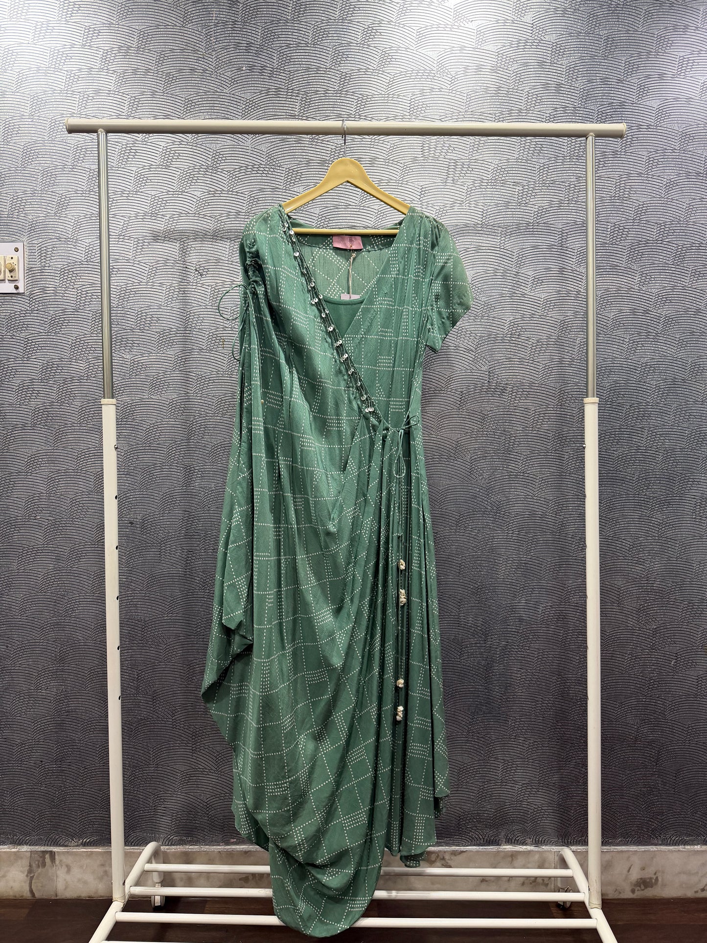 SAGE GREEN WRAP DRAPE DRESS