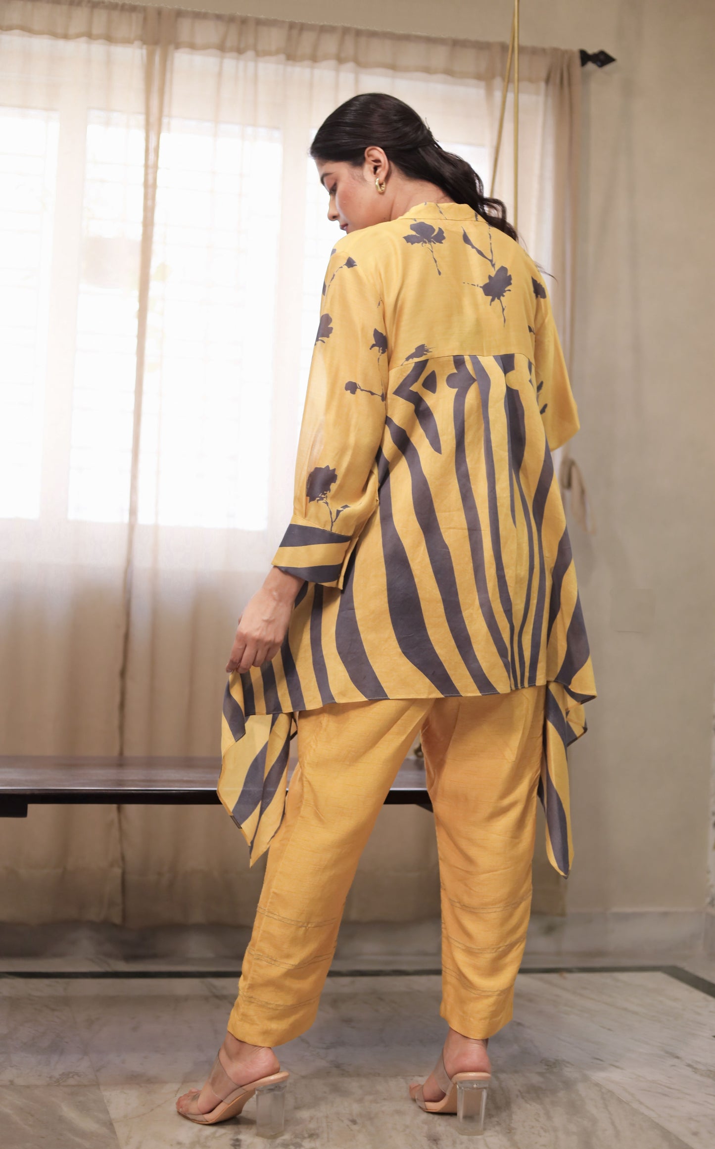 MUSTARD & GREY PRINTED HIGH LOW SHIRT WITH PANTS SET