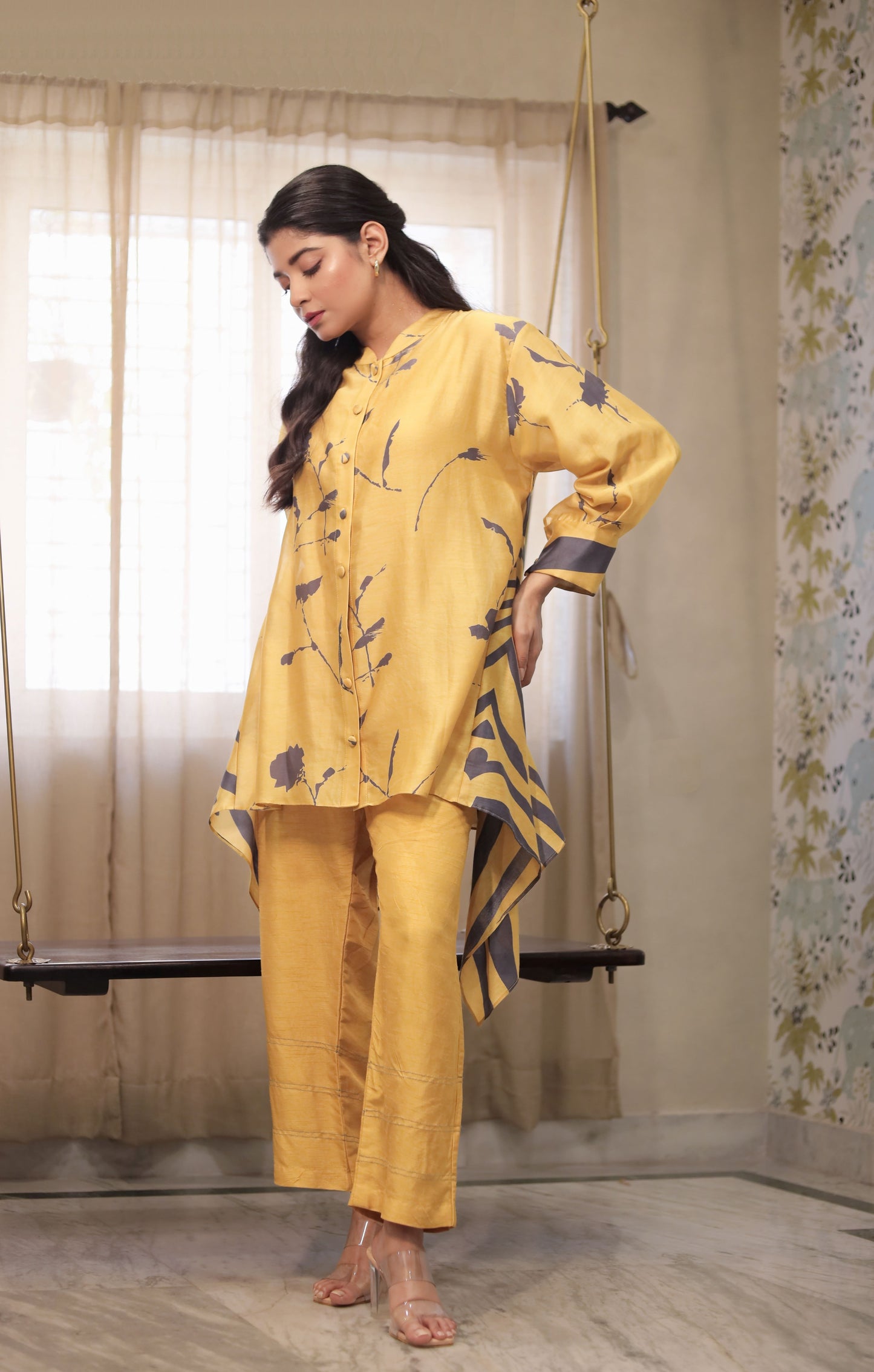 MUSTARD & GREY PRINTED HIGH LOW SHIRT WITH PANTS SET
