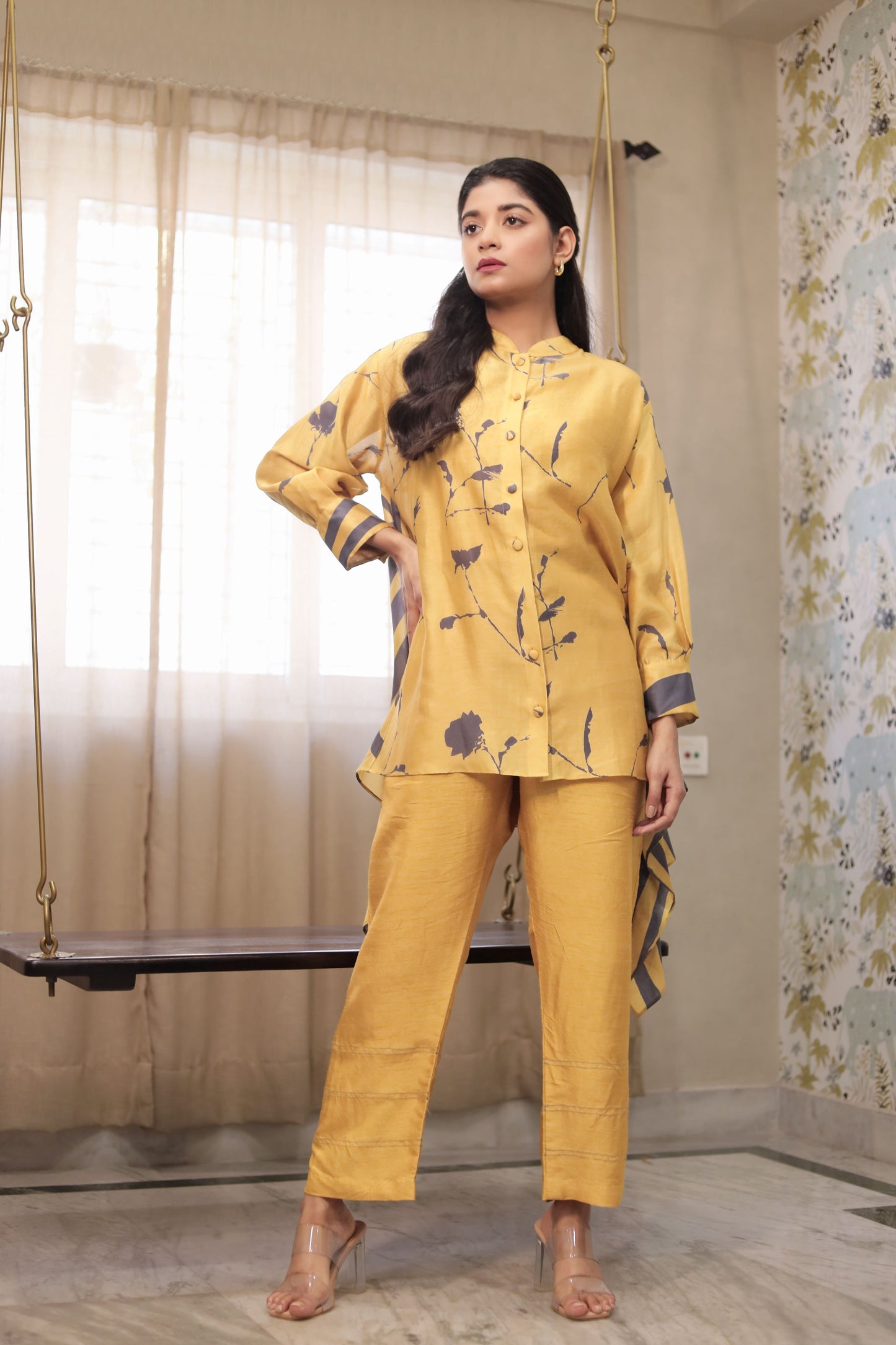 MUSTARD & GREY PRINTED HIGH LOW SHIRT WITH PANTS SET