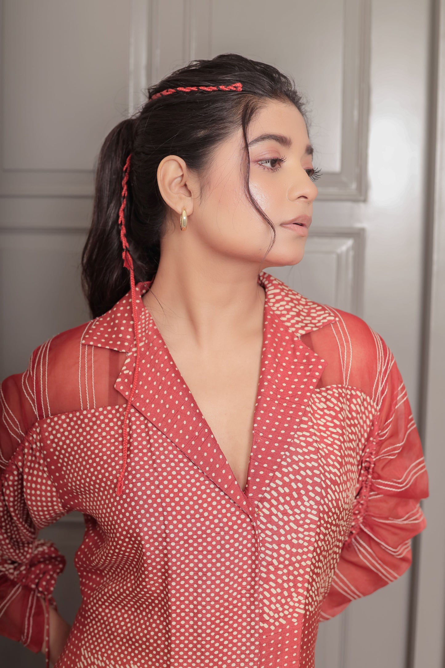 RUST DOT PRINTED A-LINE DRESS WITH ORGANZA PANELLING