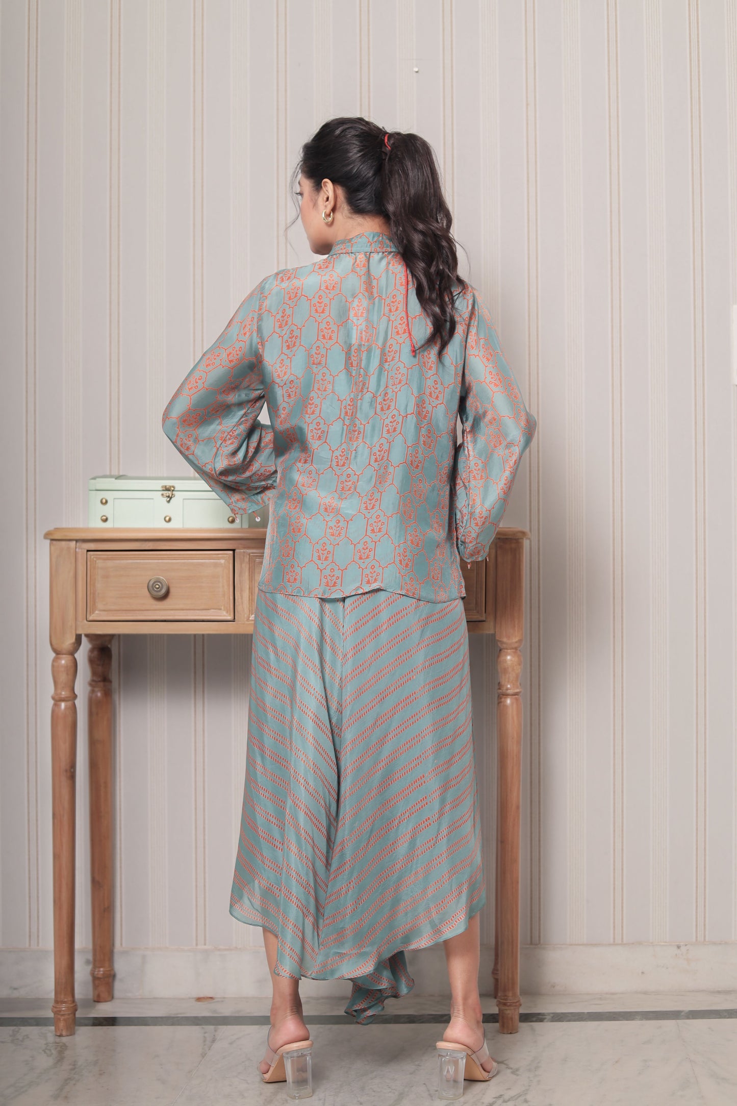 GREEN & RUST PRINTED KAFTAN STYLE TOP IN MIX MATCH PRINT WITH STRAIGHT PANT