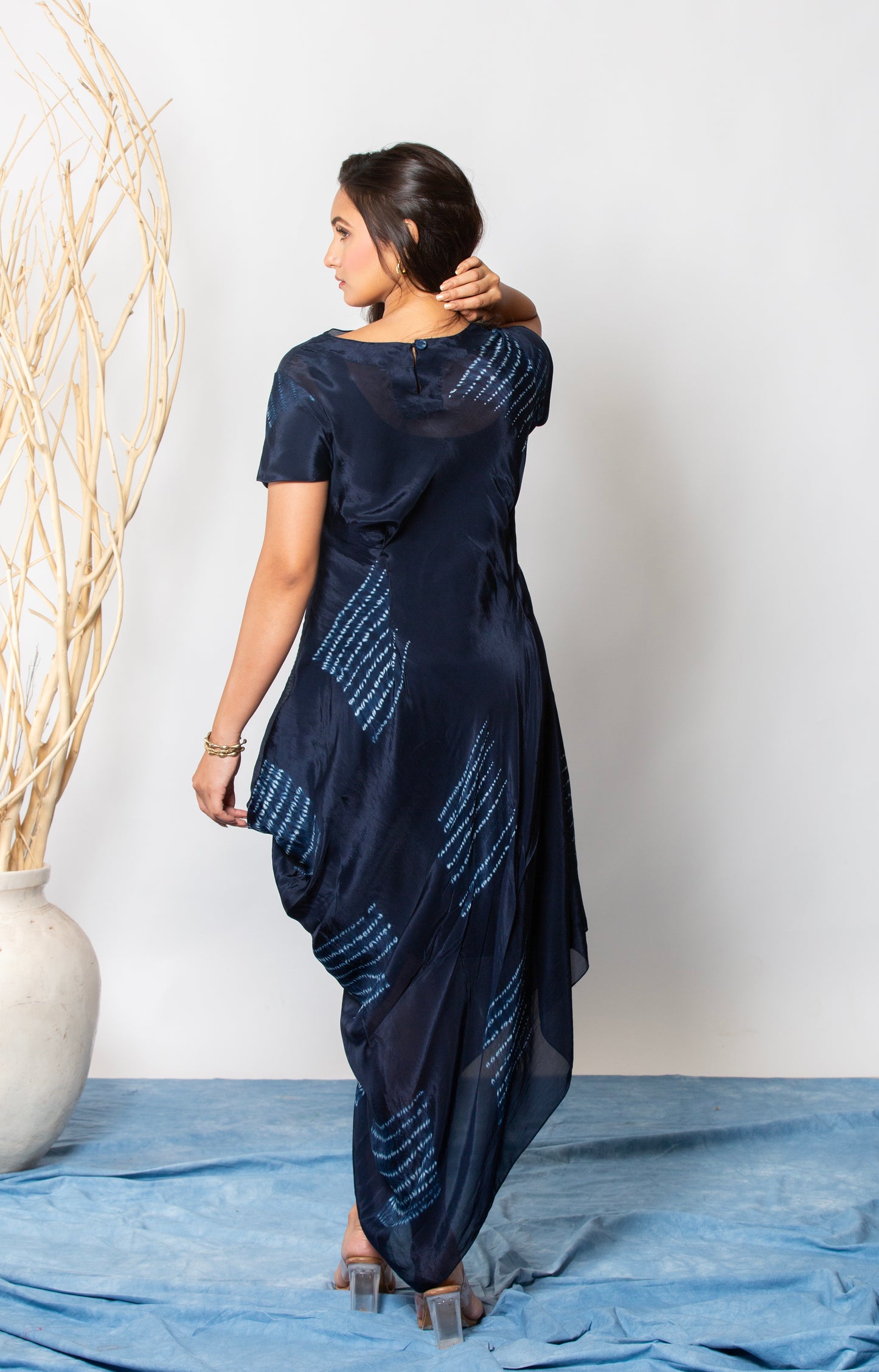 BLUE SHIBORI DRAPE DRESS
