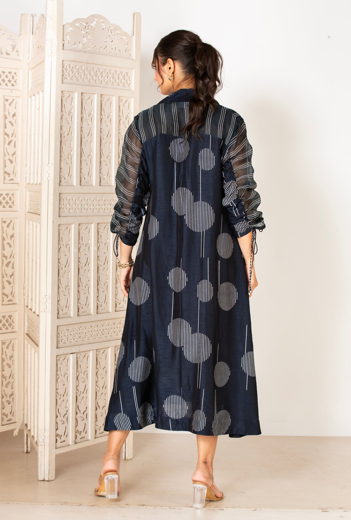 MIDNIGHT BLUE CIRCLE STRIPES A-LINE DRESS