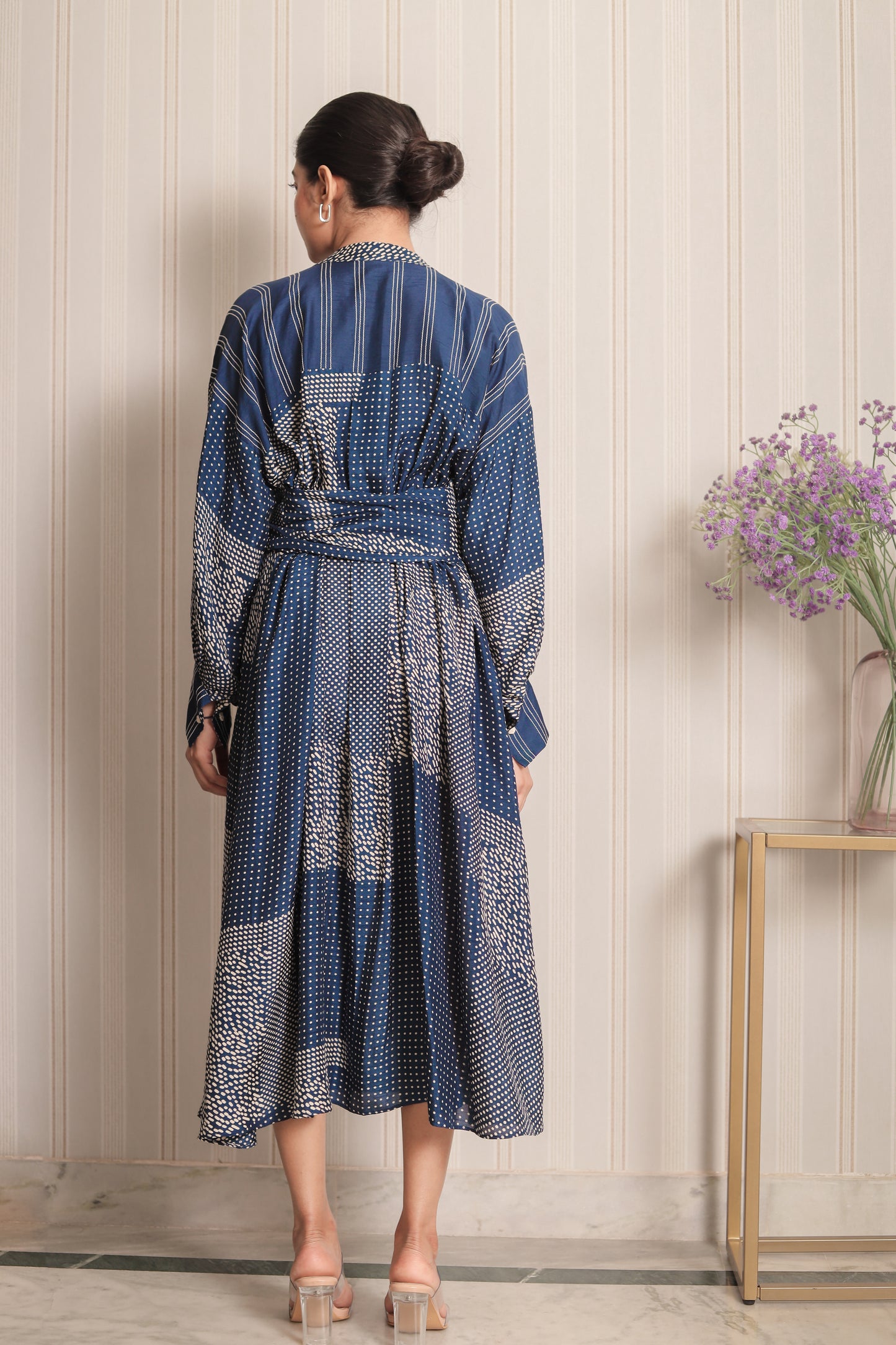 COBALT BLUE DOT PRINT PLEATED DRESS