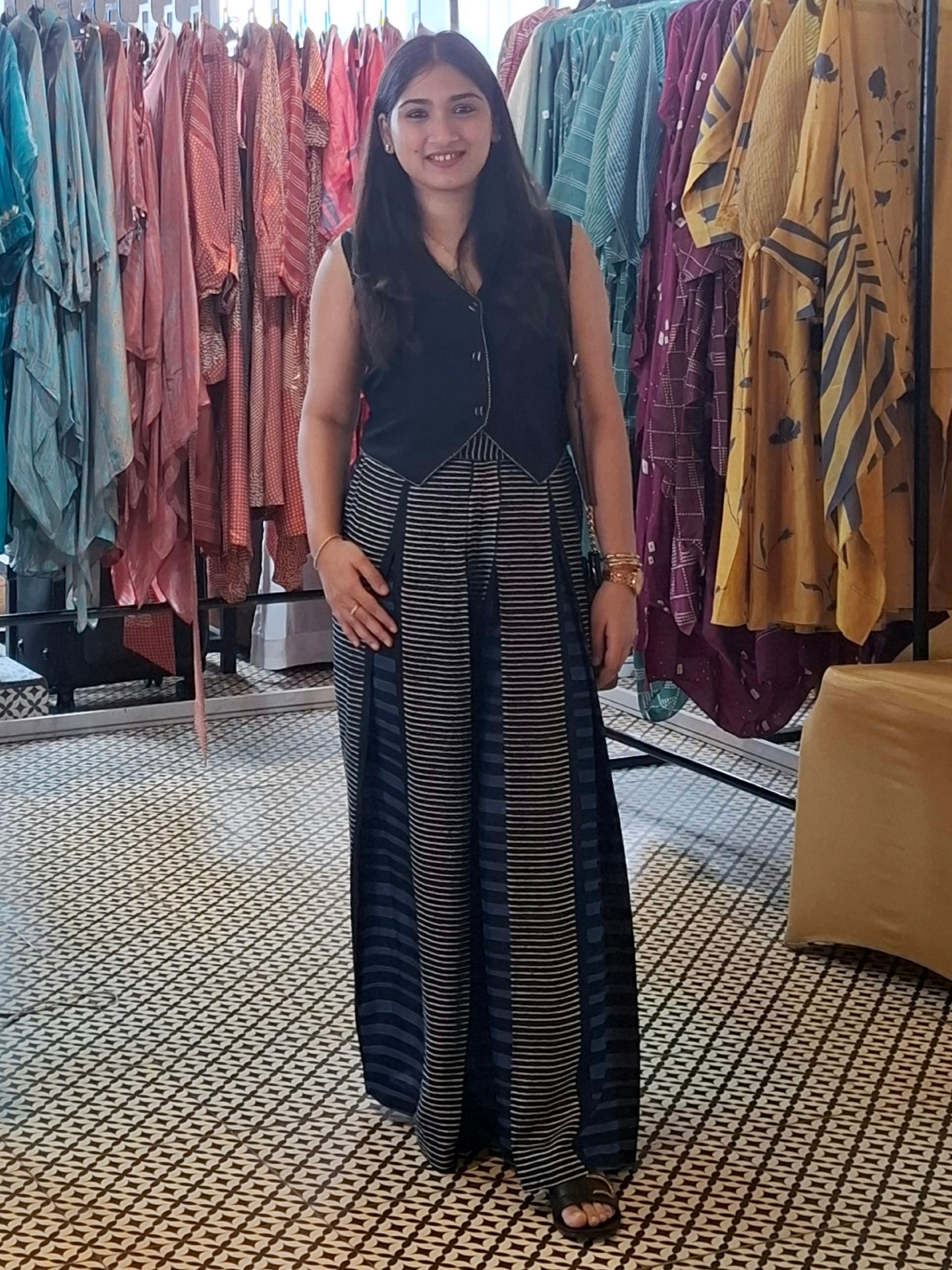 MIDNIGHT BLUE STRIPED PLEATED PANTS WITH WAISTCOAT SET