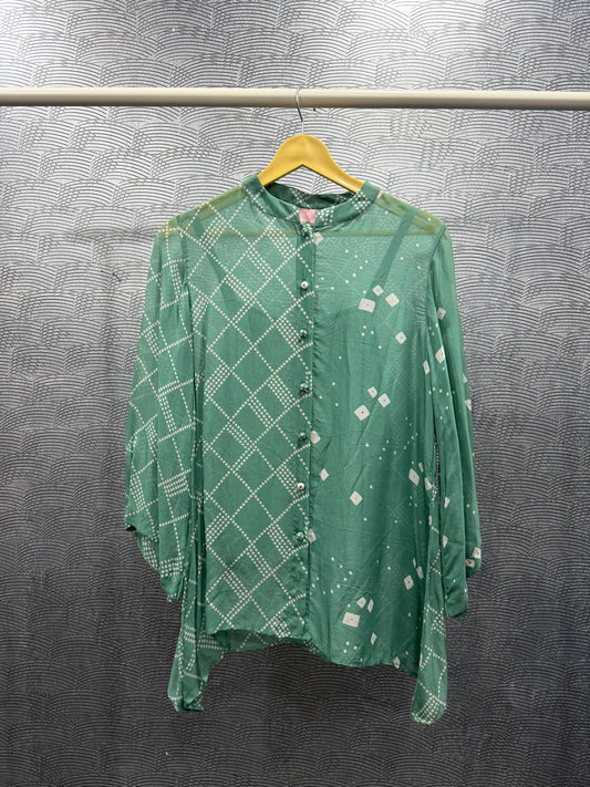 GREEN BANDHANI & CHECKS A-LINE SHIRT
