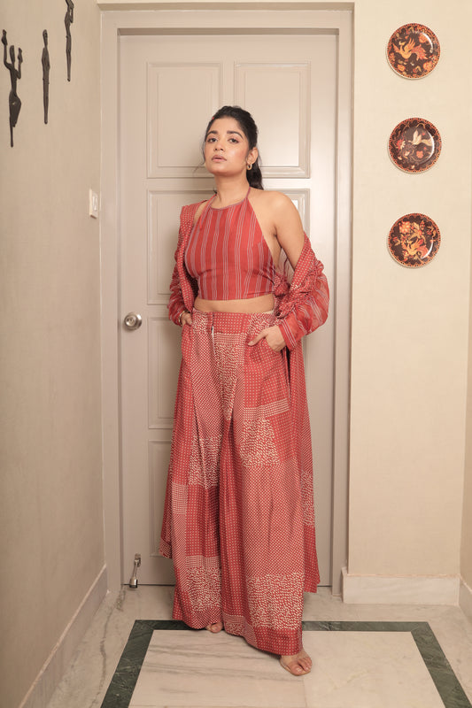 RUST ANCHOR STRIPED BUSTIER WITH PLEATED PANTS