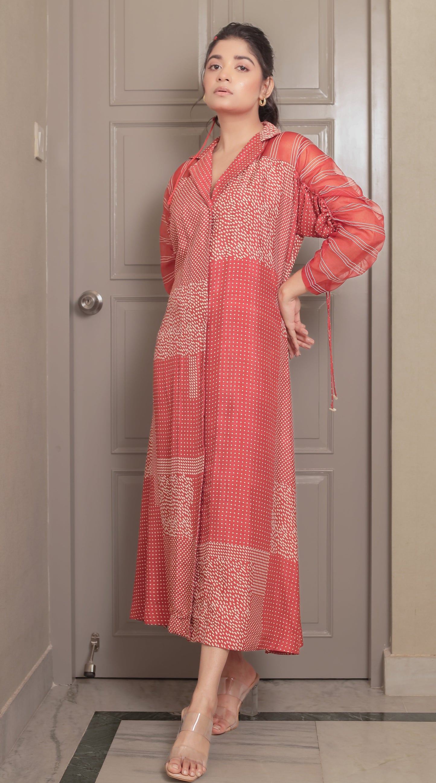 RUST DOT PRINTED A-LINE DRESS WITH ORGANZA PANELLING Label Neha Rathi RUST DOT PRINTED A-LINE DRESS WITH ORGANZA PANELLING Label Neha Rathi