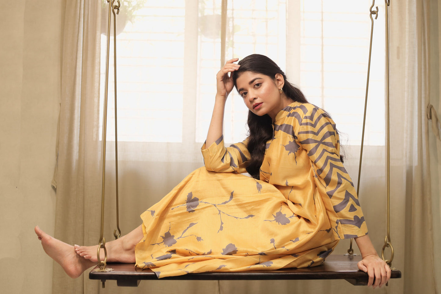 MUSTARD FLORAL+ WAVES PLEATED KURTA