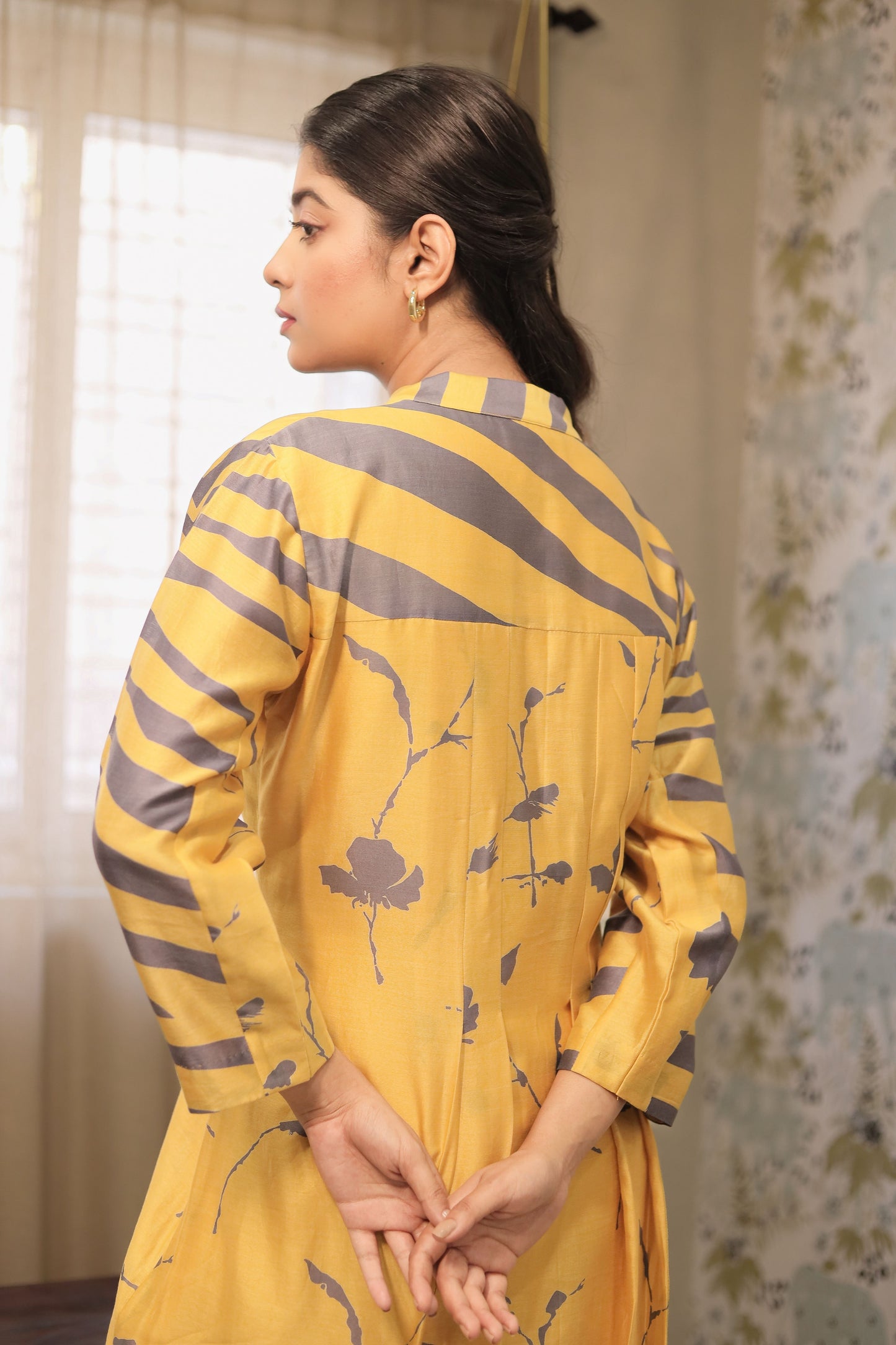 MUSTARD FLORAL+ WAVES PLEATED KURTA