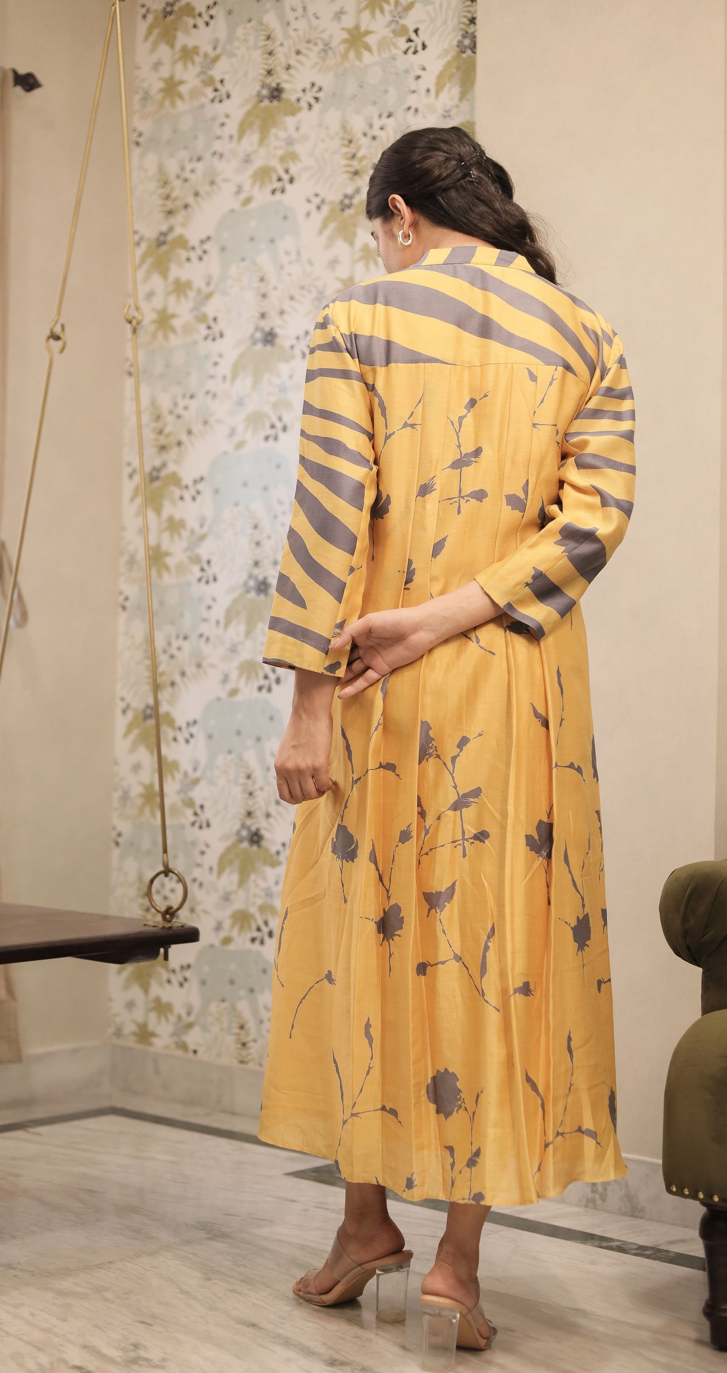 MUSTARD FLORAL+ WAVES PLEATED KURTA