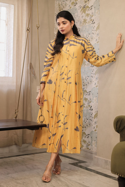 MUSTARD FLORAL+ WAVES PLEATED KURTA