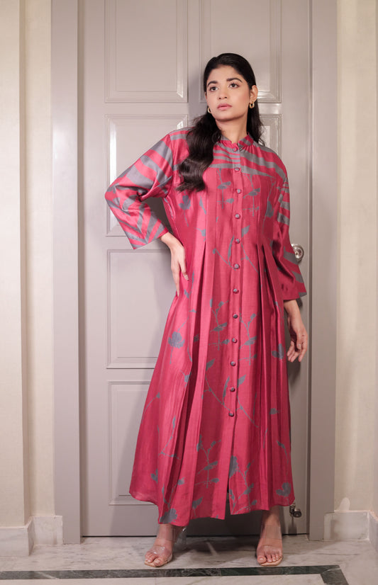 MAROON FLORAL+ WAVES PLEATED KURTA