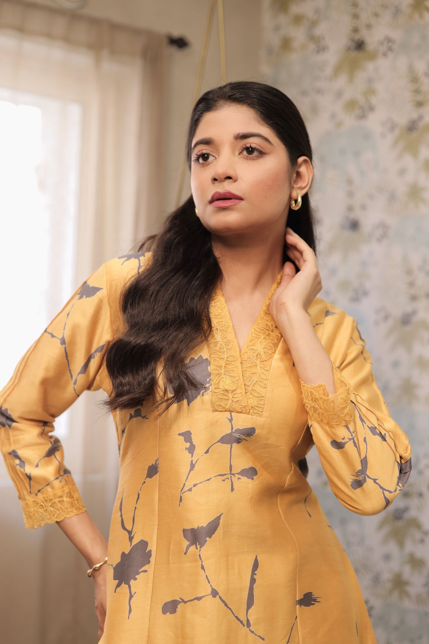 MUSTARD FLORAL A-LINE KURTA WITH EMBROIDERED COLLAR & CUFF