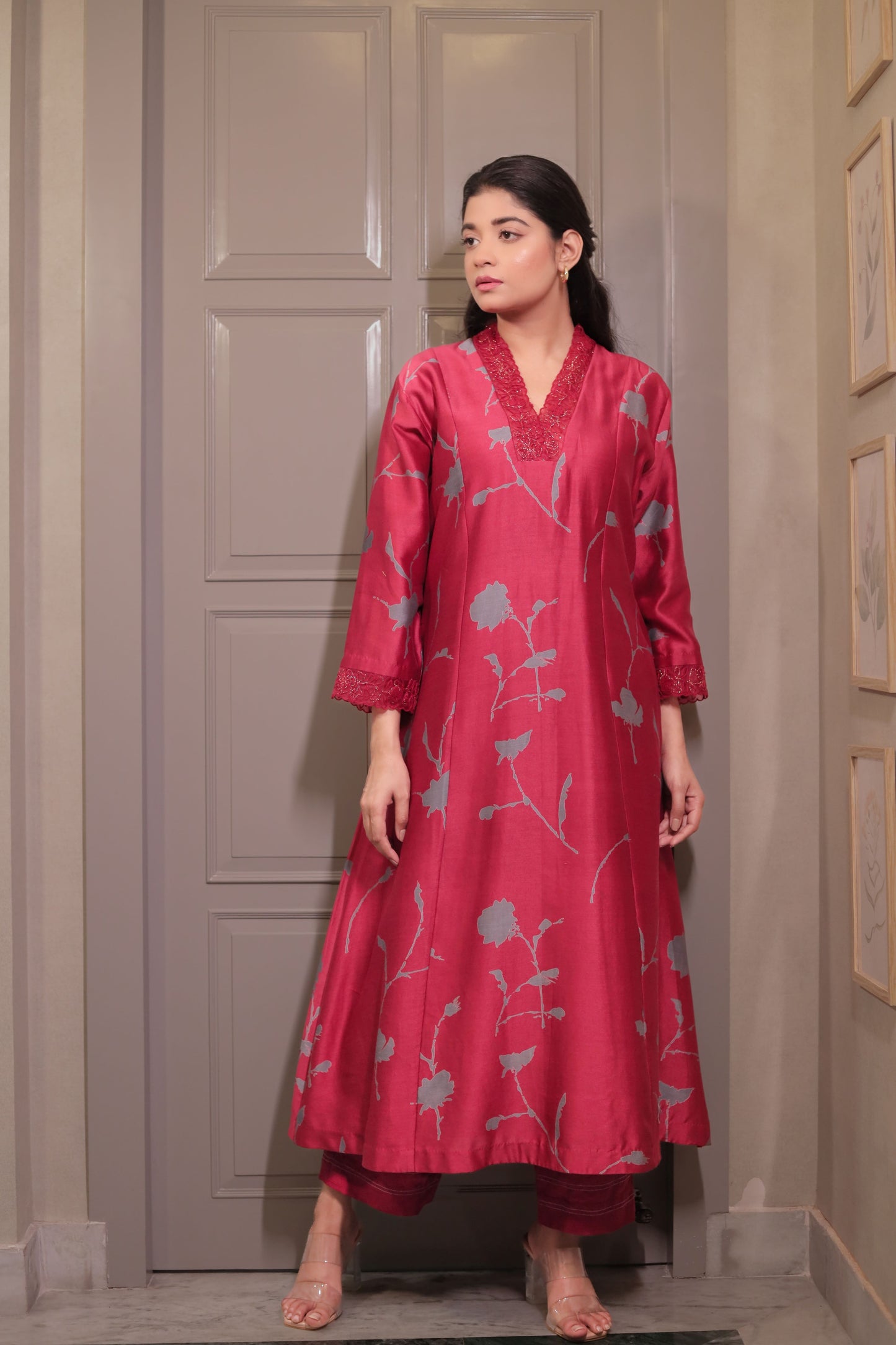 MAROON FLORAL A-LINE KURTA WITH EMBROIDERED COLLAR & CUFF