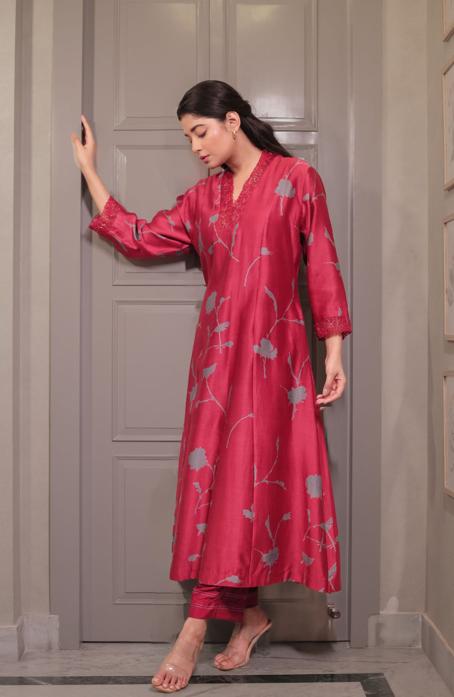 MAROON FLORAL A-LINE KURTA WITH EMBROIDERED COLLAR & CUFF