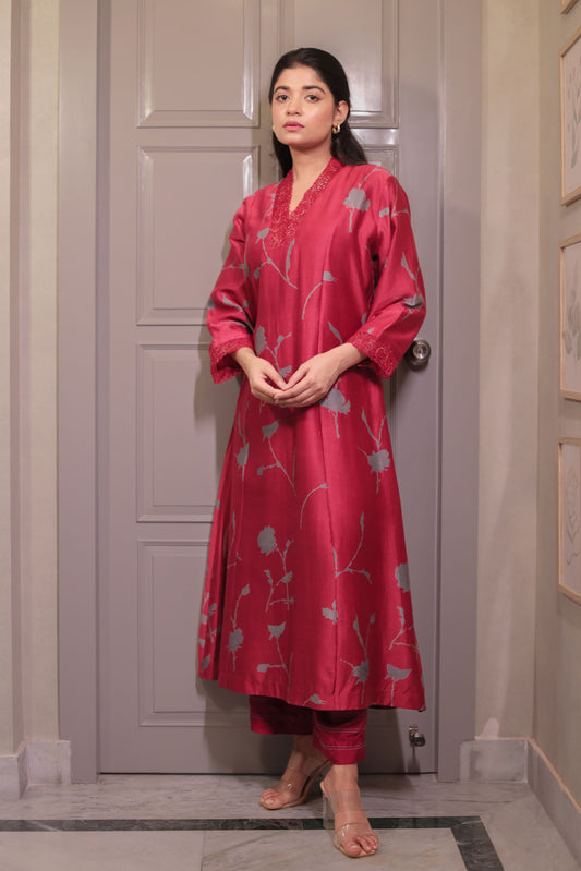 MAROON FLORAL A-LINE KURTA WITH EMBROIDERED COLLAR & CUFF