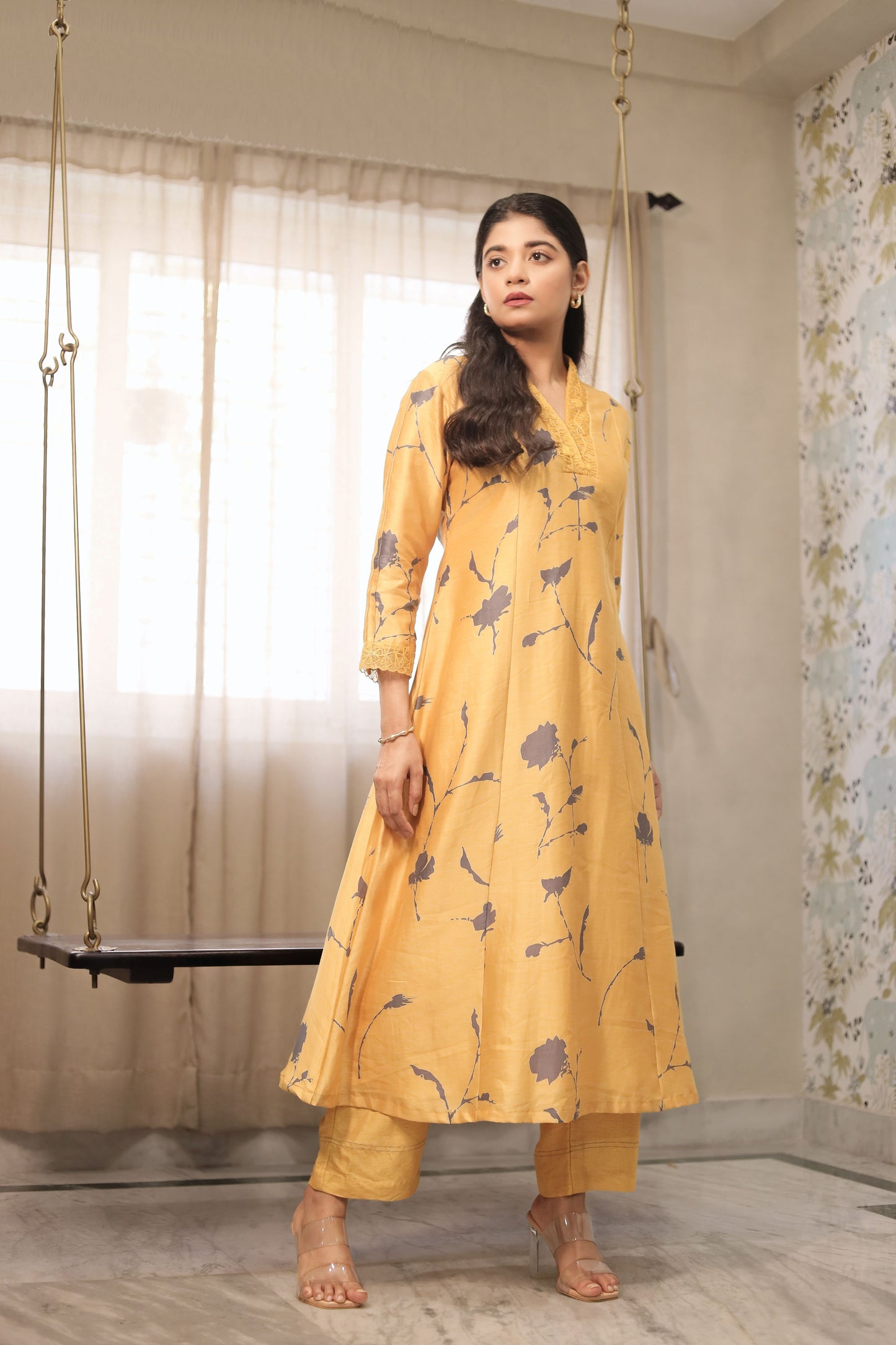 MUSTARD FLORAL A-LINE KURTA WITH EMBROIDERED COLLAR & CUFF