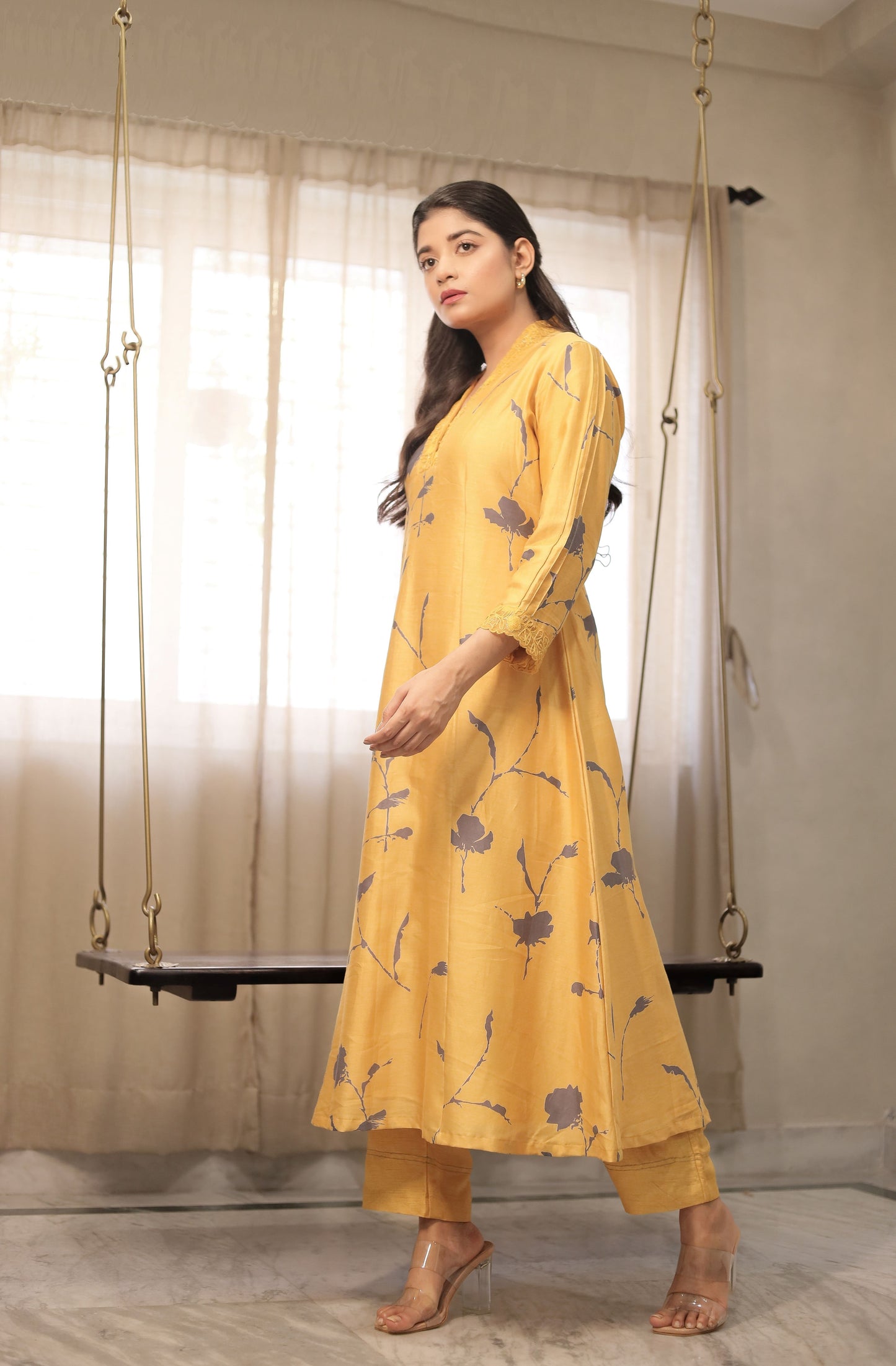 MUSTARD FLORAL A-LINE KURTA WITH EMBROIDERED COLLAR & CUFF