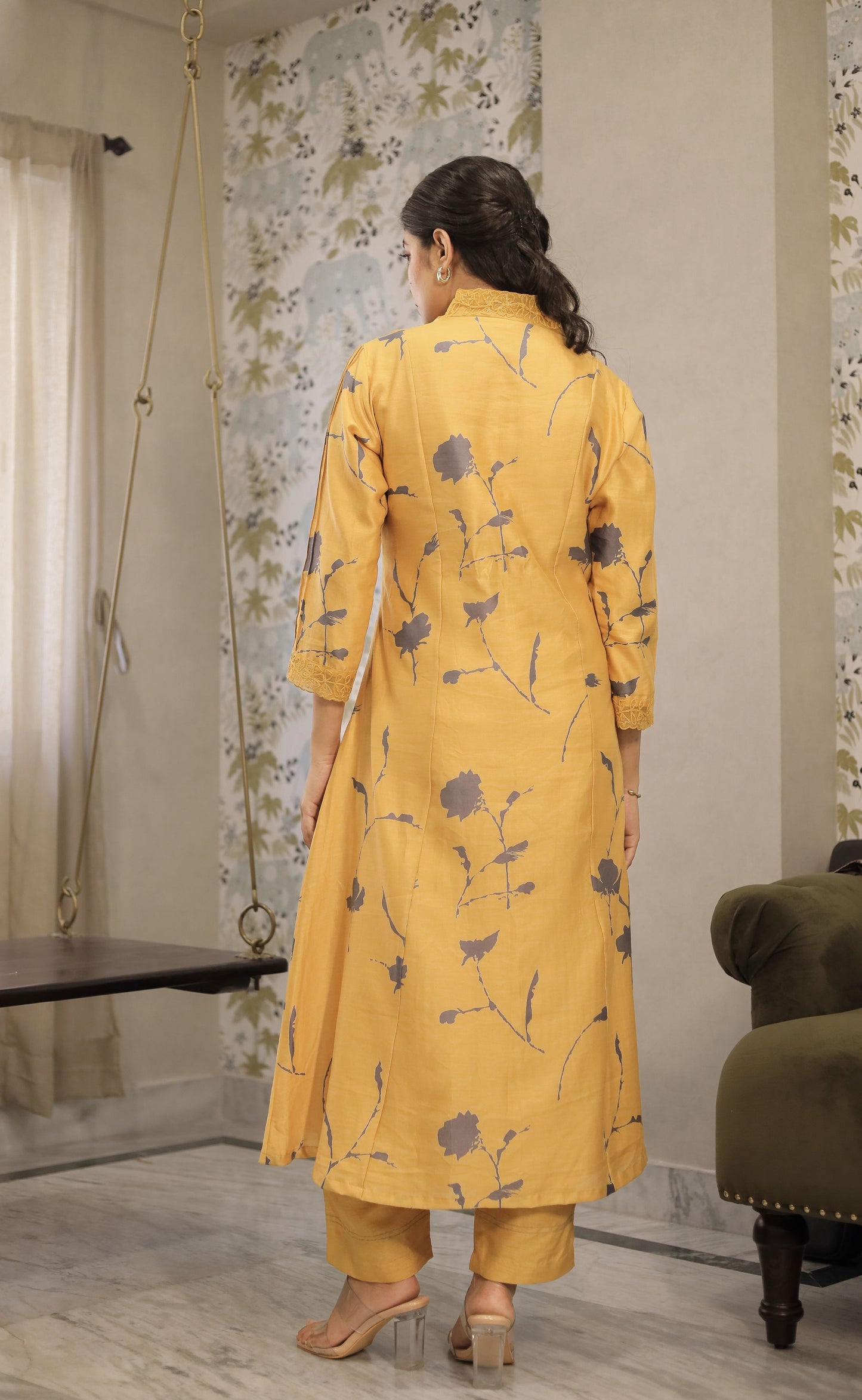 MUSTARD FLORAL A-LINE KURTA WITH EMBROIDERED COLLAR & CUFF