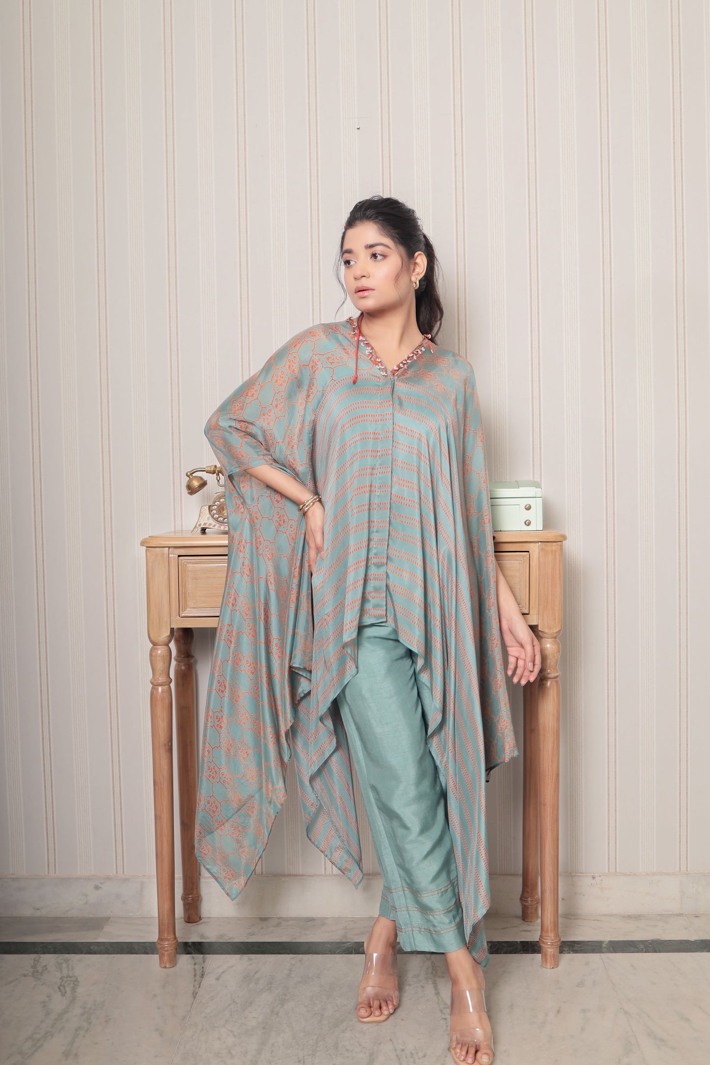 GREEN & RUST PRINTED KAFTAN STYLE TOP IN MIX MATCH PRINT WITH STRAIGHT PANT