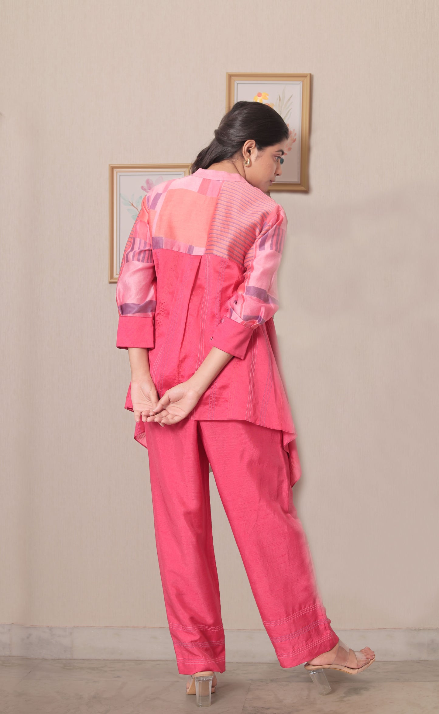 PINK CHANDERI HIGH LOW SHIRT WITH PANTS SET