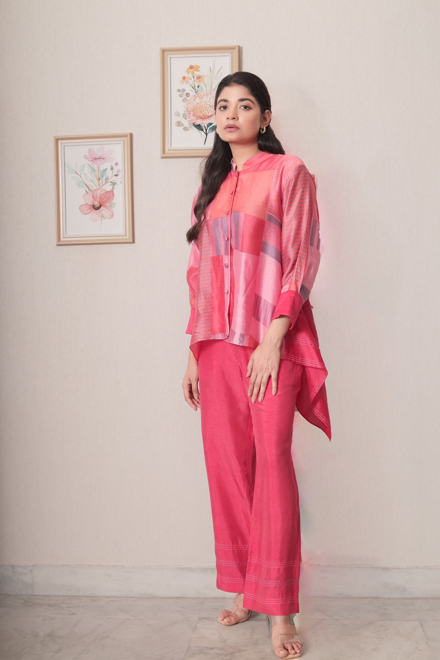 PINK CHANDERI HIGH LOW SHIRT WITH PANTS SET