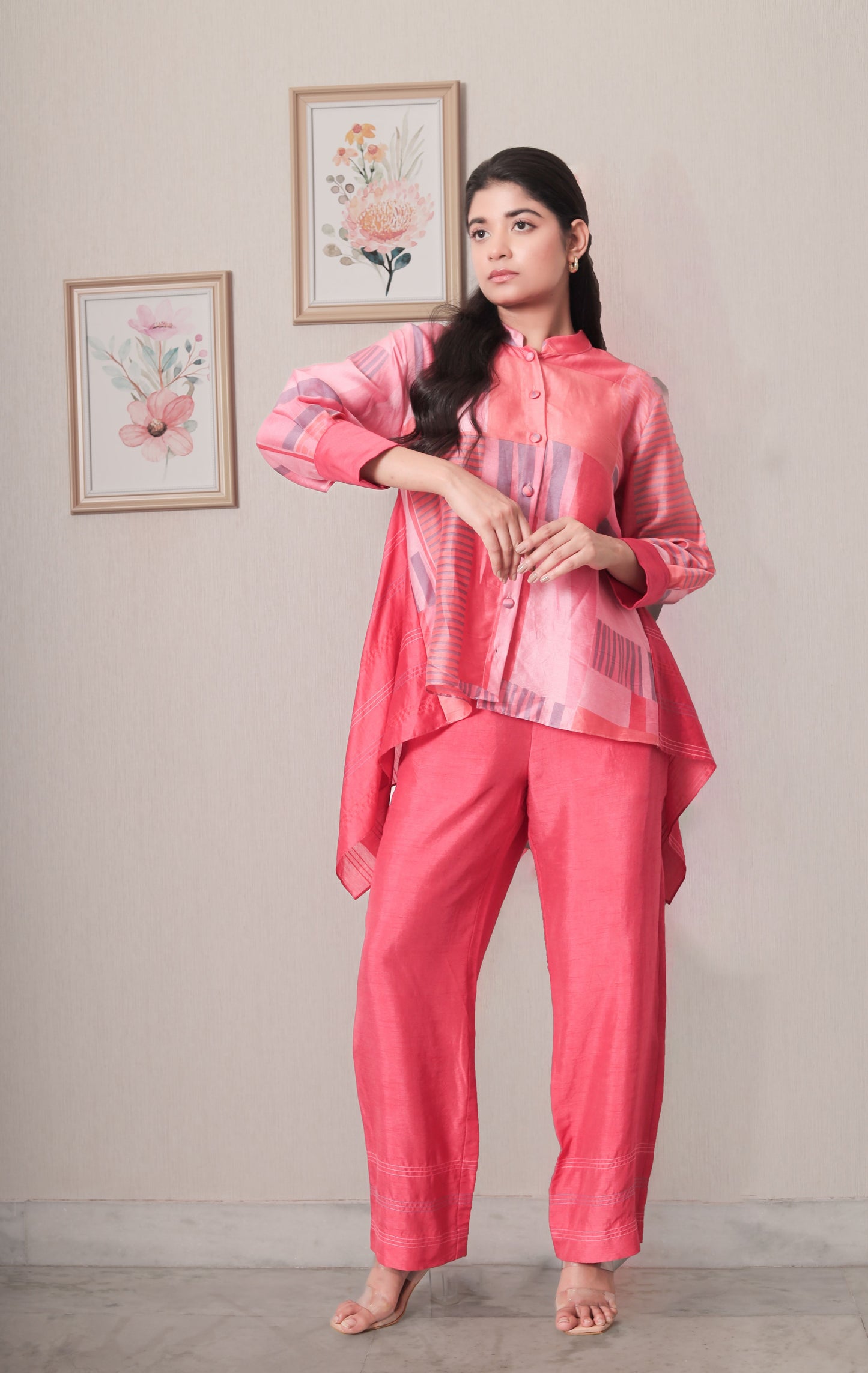 PINK CHANDERI HIGH LOW SHIRT WITH PANTS SET