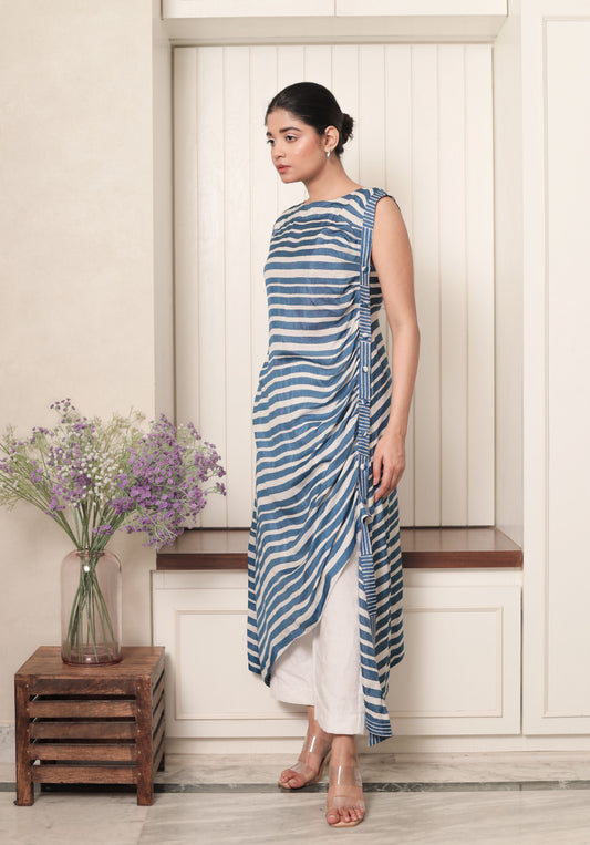 BLUE AND WHIITE STRIPES PLEATED  DRESS