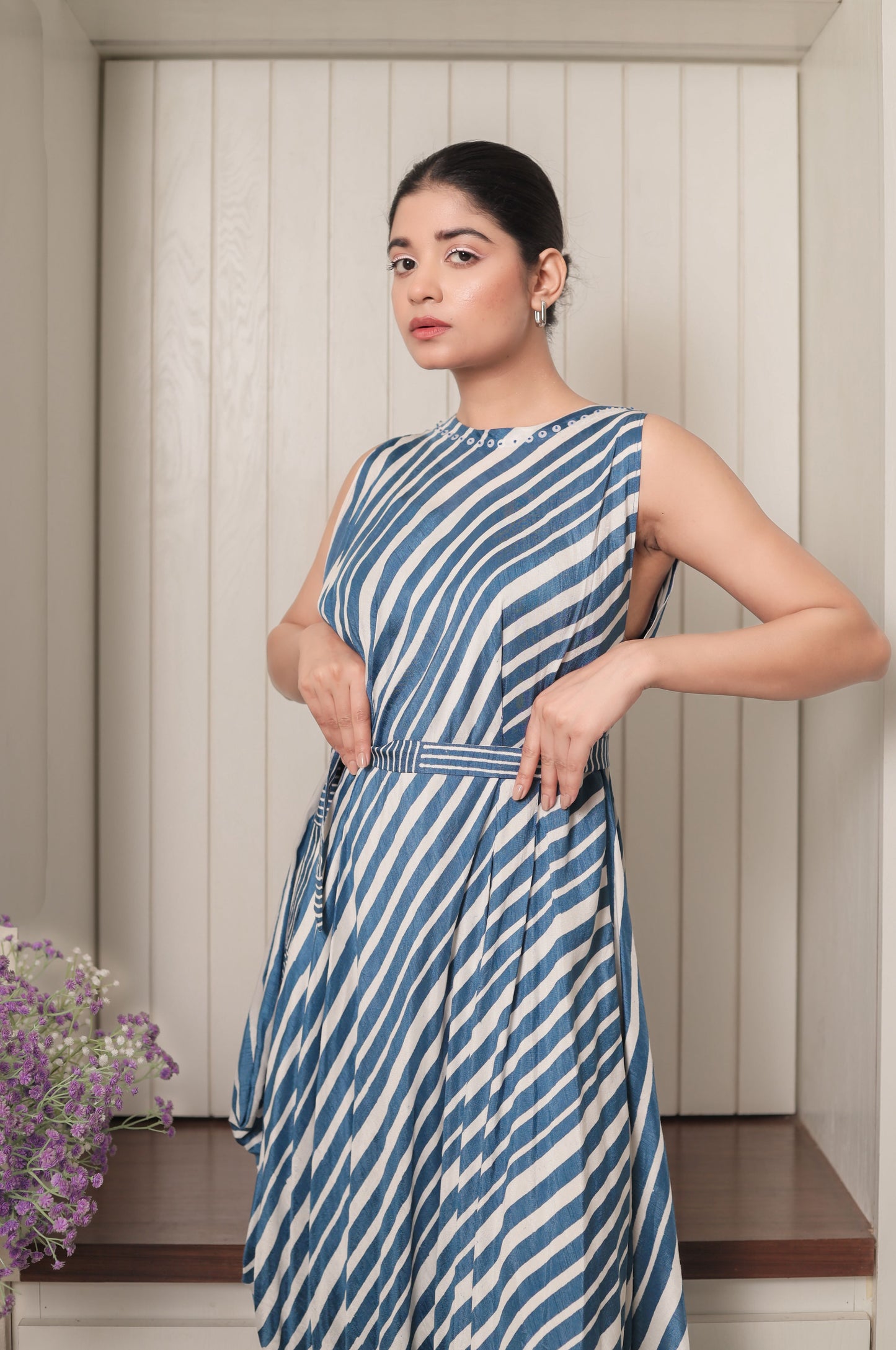 BLUE & WHITE STRIPES PLEATED DRAPE DRESS