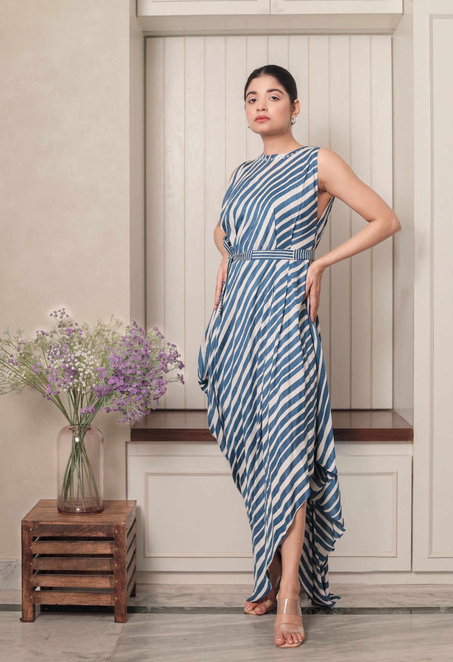 BLUE & WHITE STRIPES PLEATED DRAPE DRESS