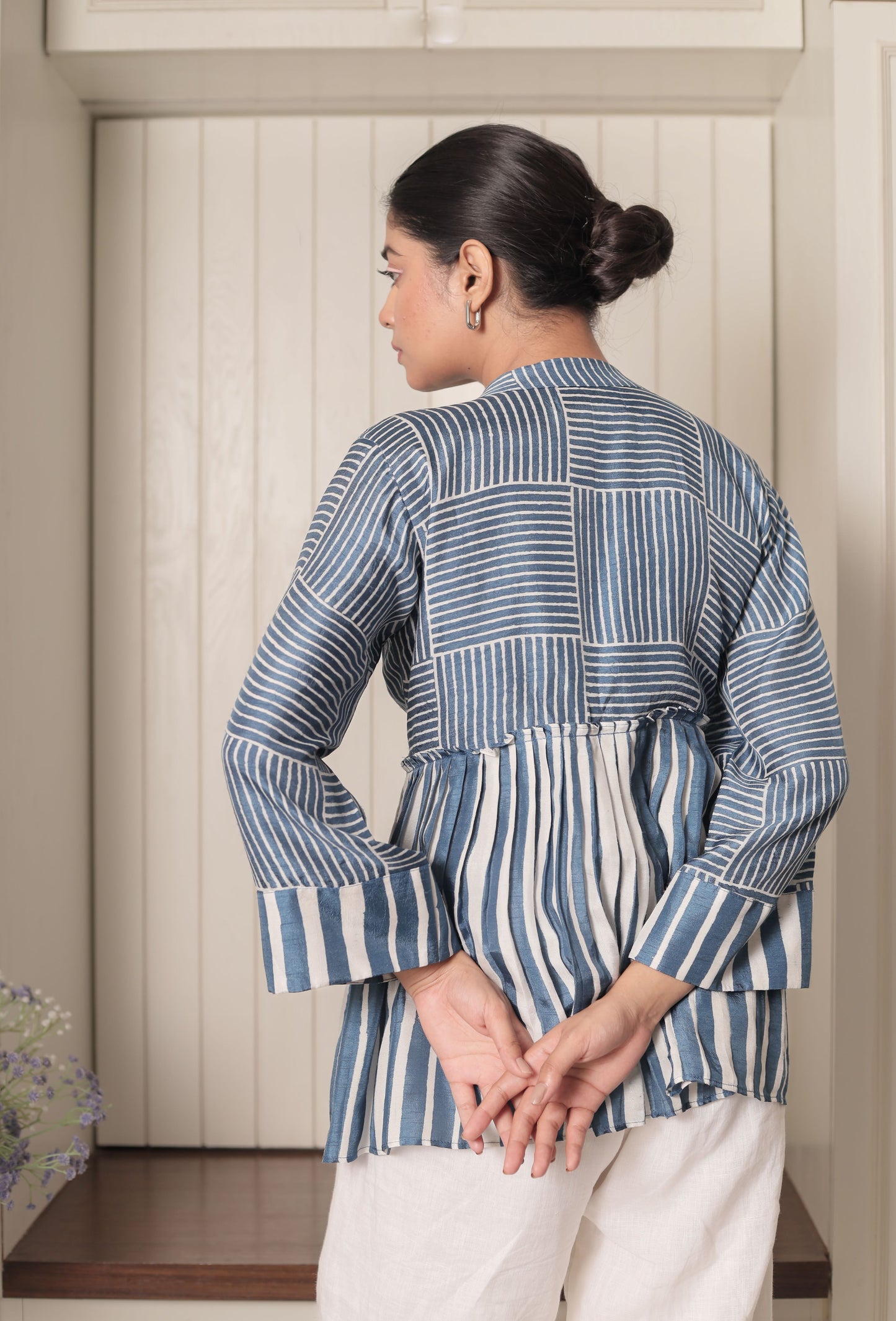 BLUE & WHITE CROSS STRIPES PLEATED TOP WITH FRONT TIE UP STRING DETAIL