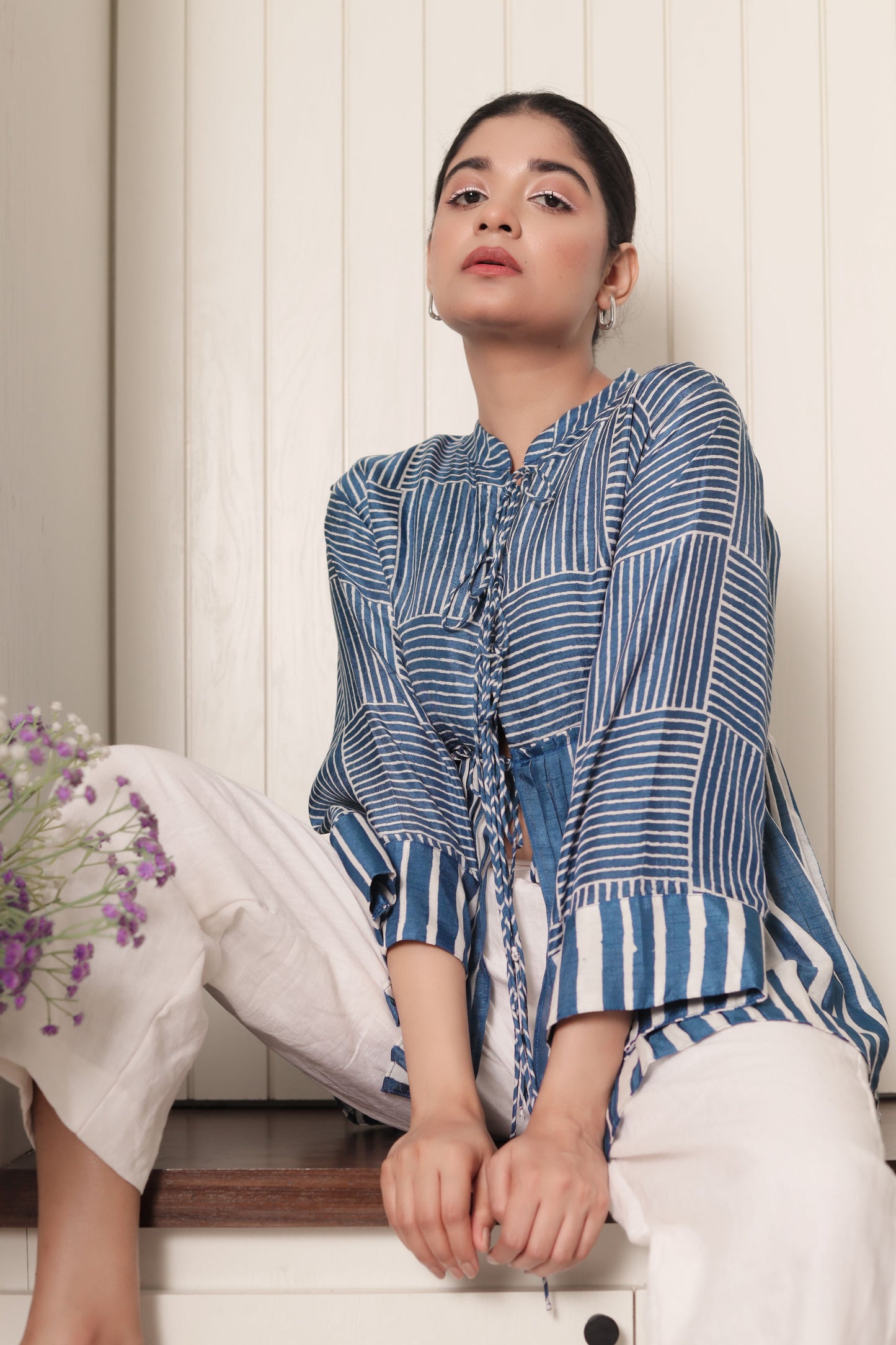 BLUE & WHITE CROSS STRIPES PLEATED TOP WITH FRONT TIE UP STRING DETAIL