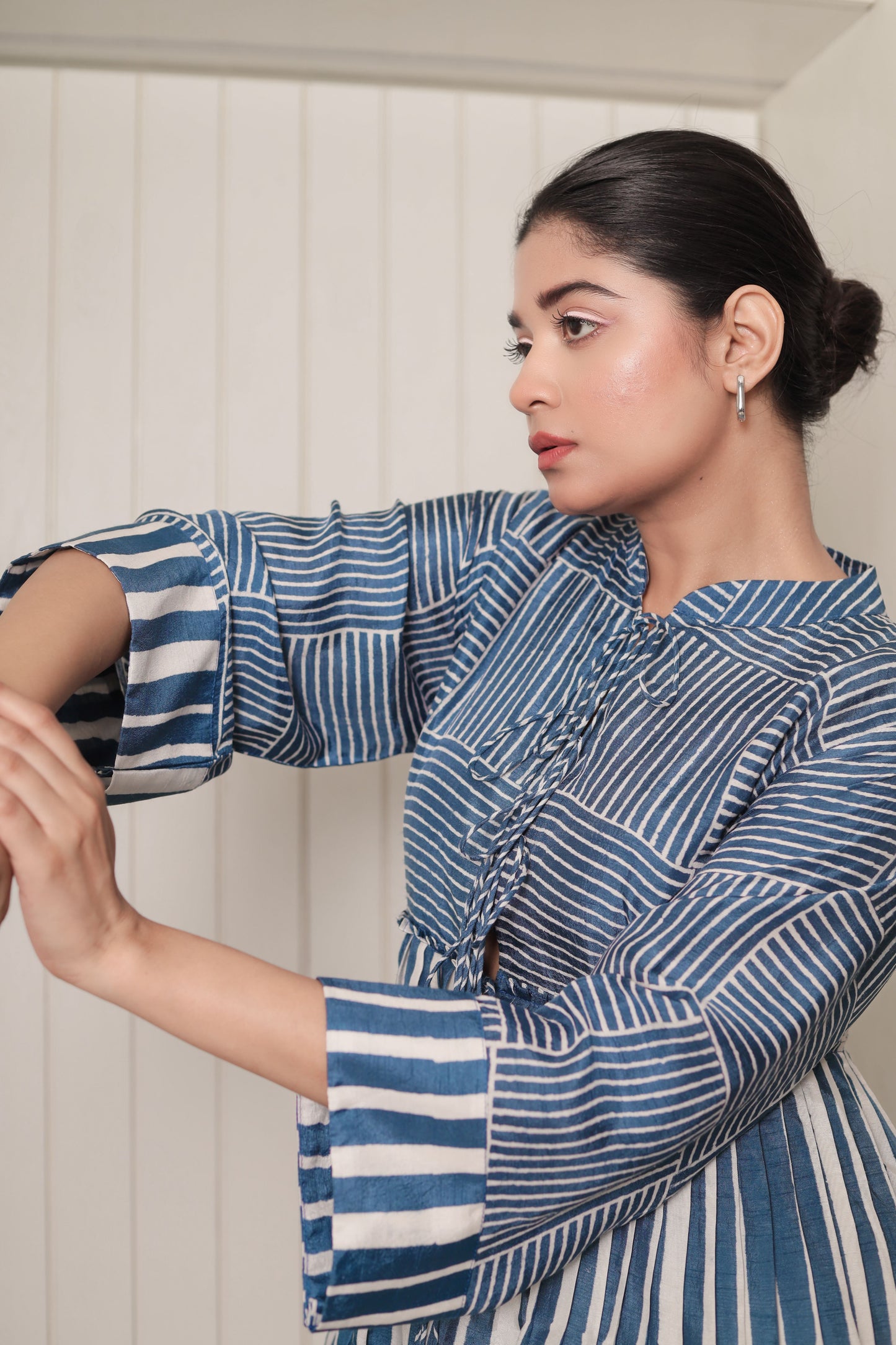 BLUE & WHITE CROSS STRIPES PLEATED TOP WITH FRONT TIE UP STRING DETAIL