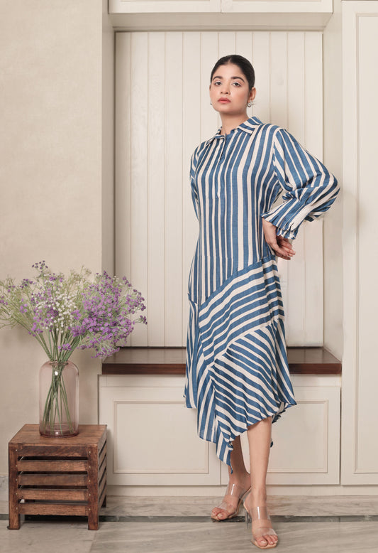 BLUE & WHITE STRIPES PANELLED ASYMMETRIC HEM DRESS WITH PLEATED SLEEVES