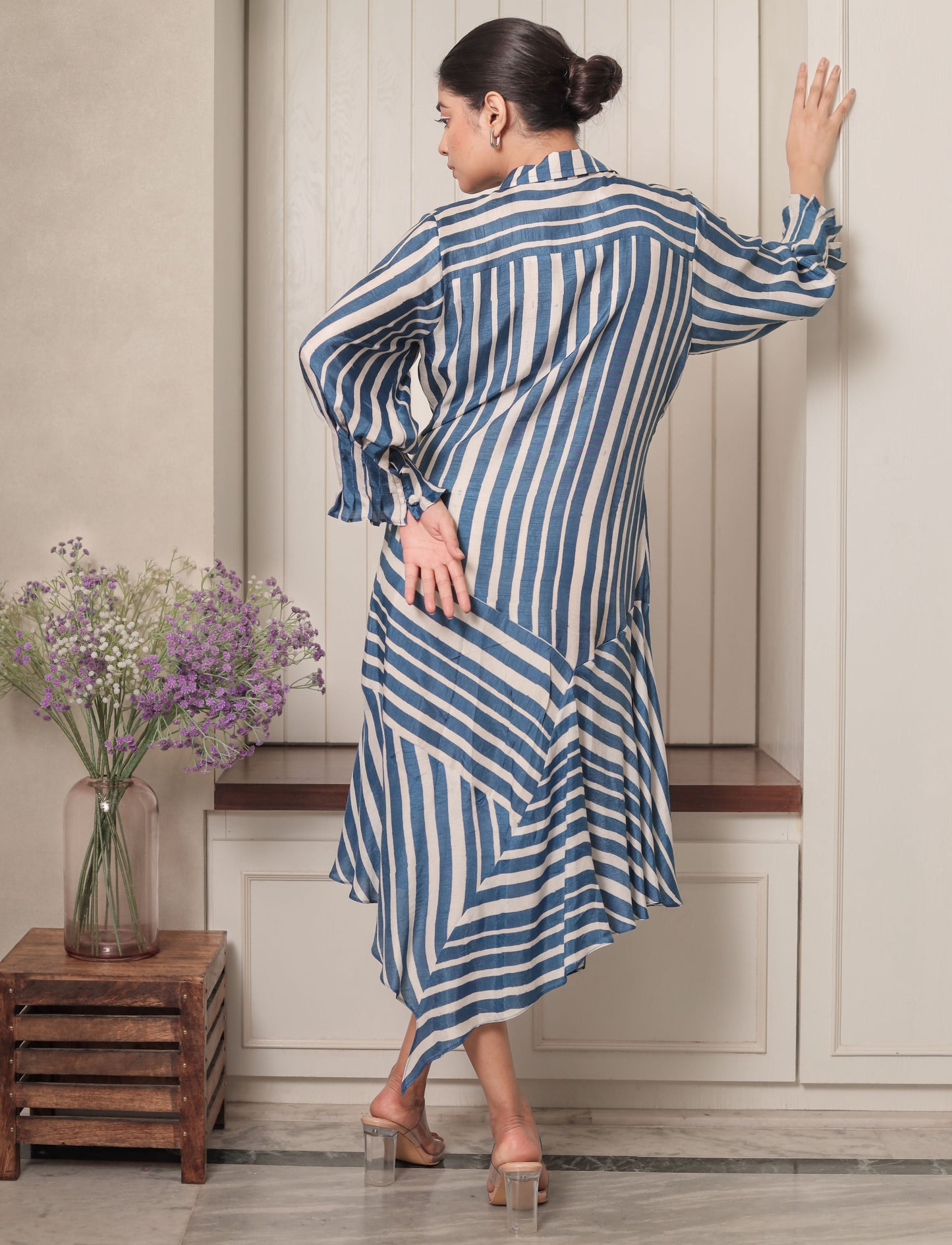 BLUE & WHITE STRIPES PANELLED ASYMMETRIC HEM DRESS WITH PLEATED SLEEVES