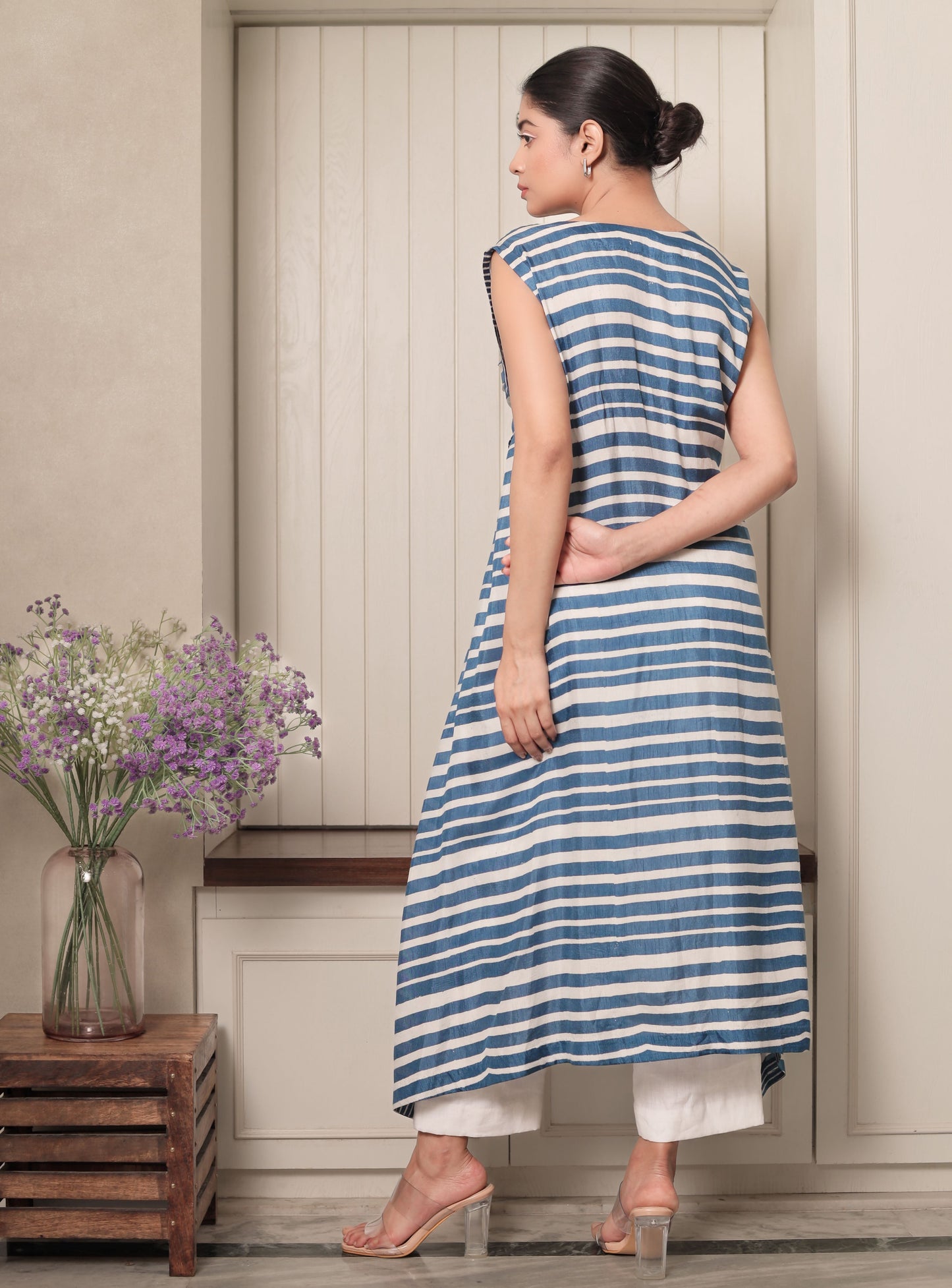 BLUE & WHITE STRIPES PANELLED ASYMMETRIC HEM DRESS WITH PLEATED SLEEVES