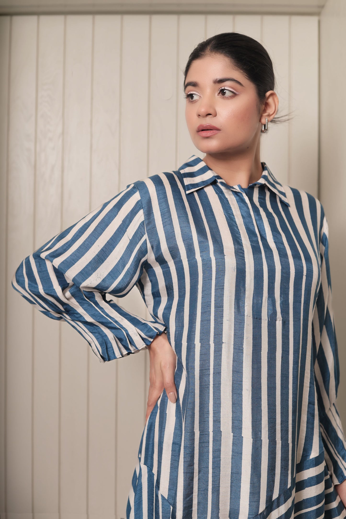 BLUE & WHITE STRIPES PANELLED ASYMMETRIC HEM DRESS WITH PLEATED SLEEVES