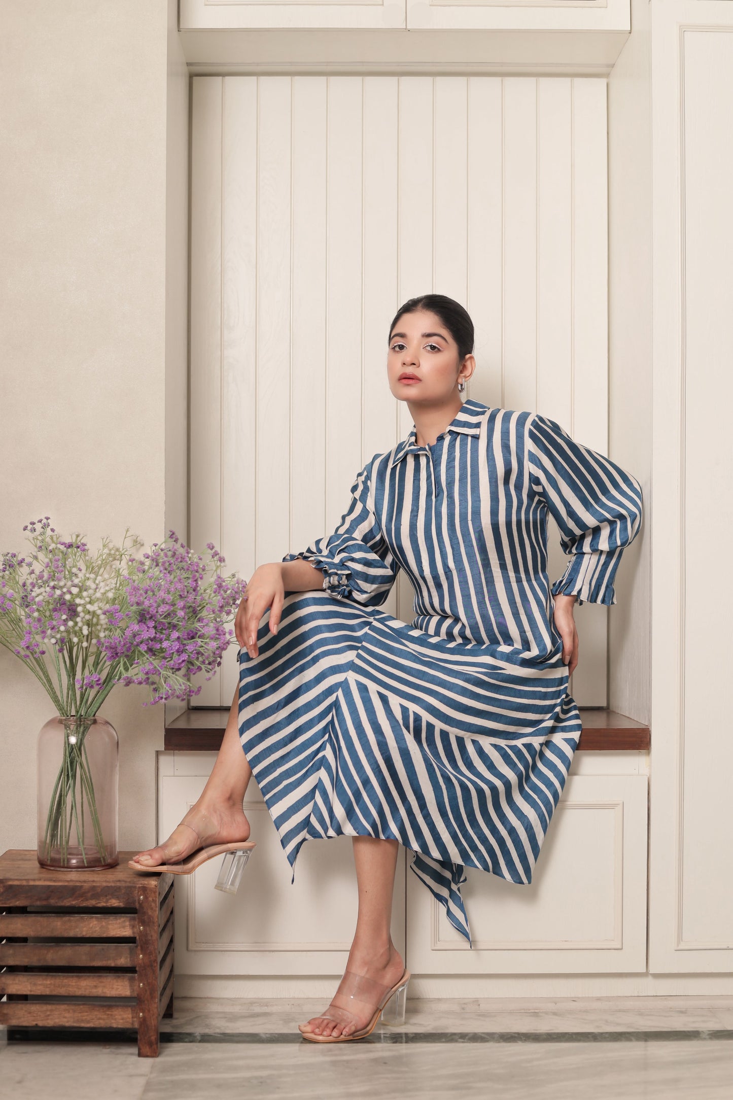 BLUE & WHITE STRIPES PANELLED ASYMMETRIC HEM DRESS WITH PLEATED SLEEVES