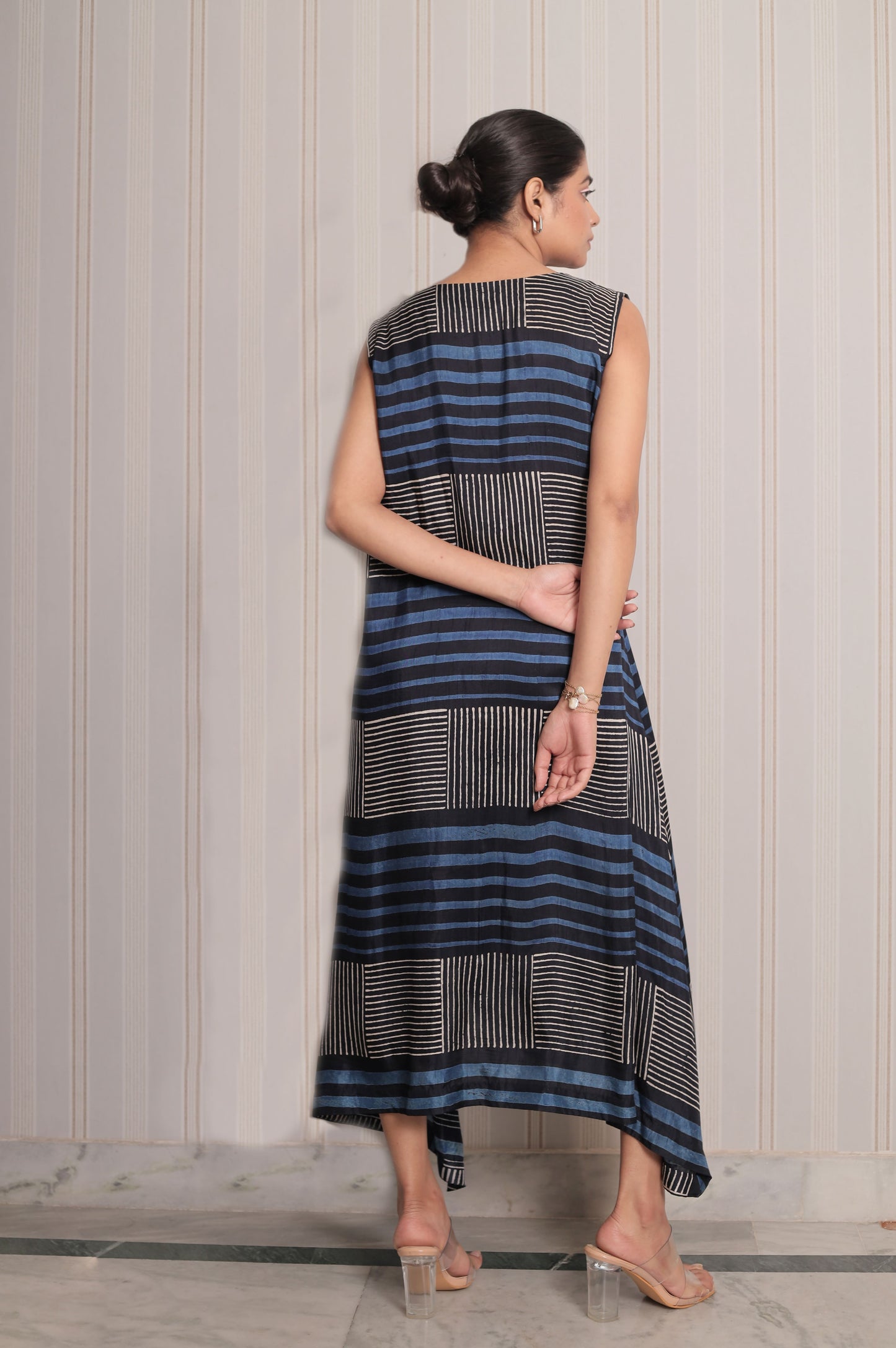 MIDNIGHT BLUE CIRCLE & STRIPES ASYMMETRIC DRAPE DRESS