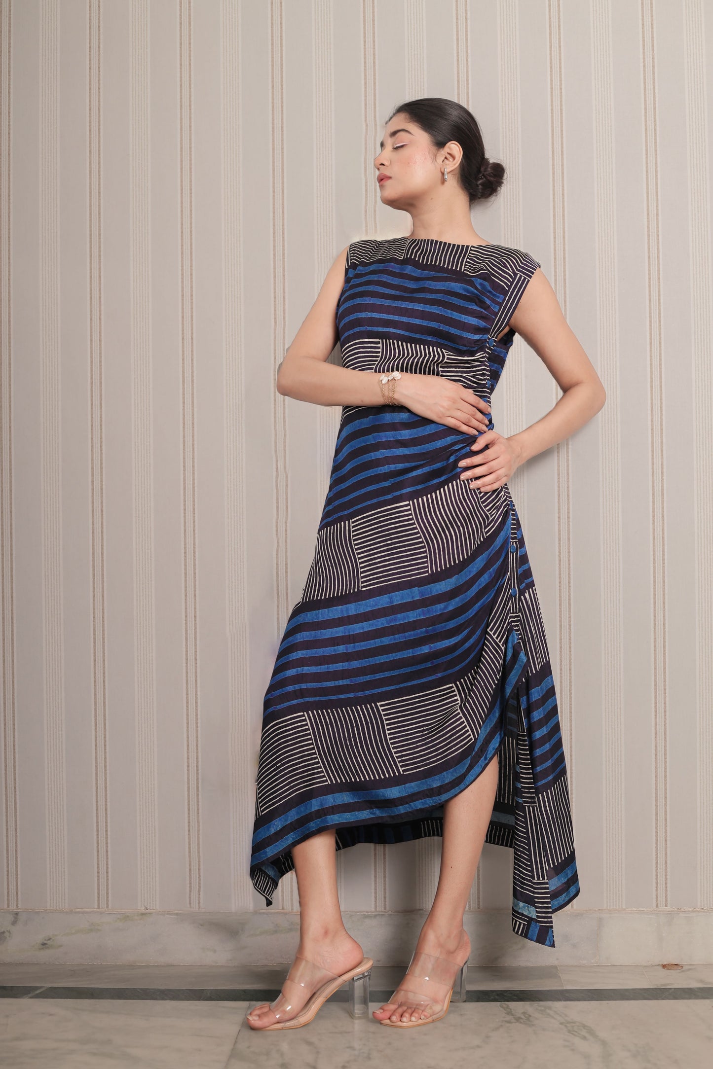 MIDNIGHT BLUE CIRCLE & STRIPES ASYMMETRIC DRAPE DRESS