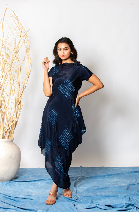 BLUE SHIBORI DRAPE DRESS