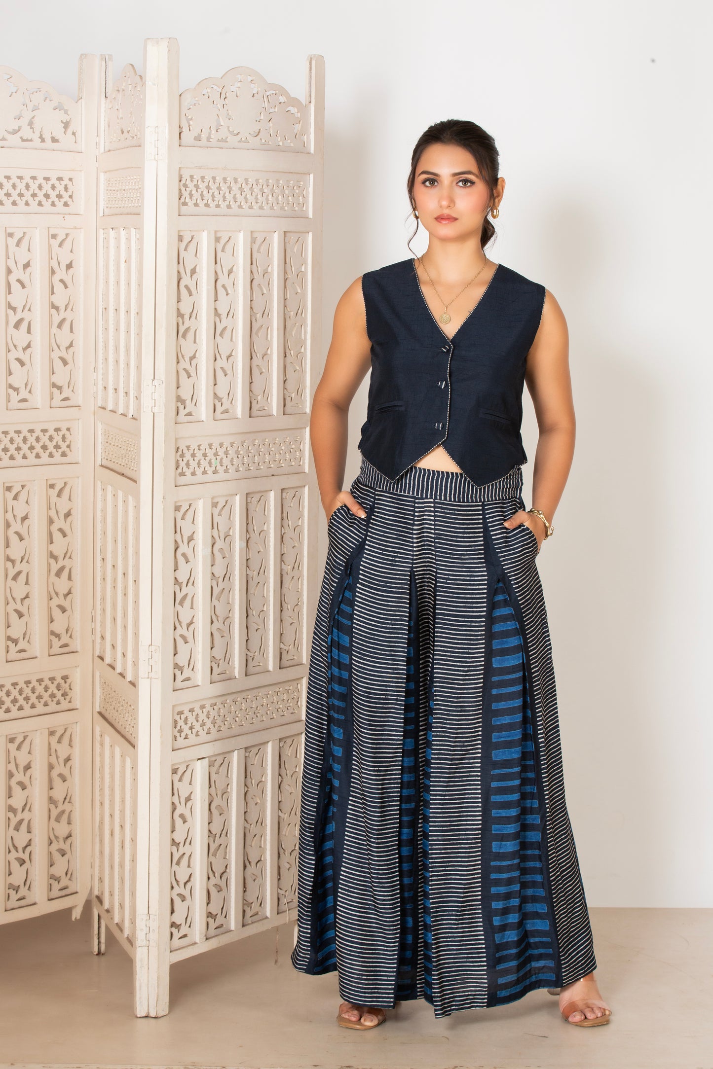 MIDNIGHT BLUE STRIPED PLEATED PANTS WITH WAISTCOAT SET