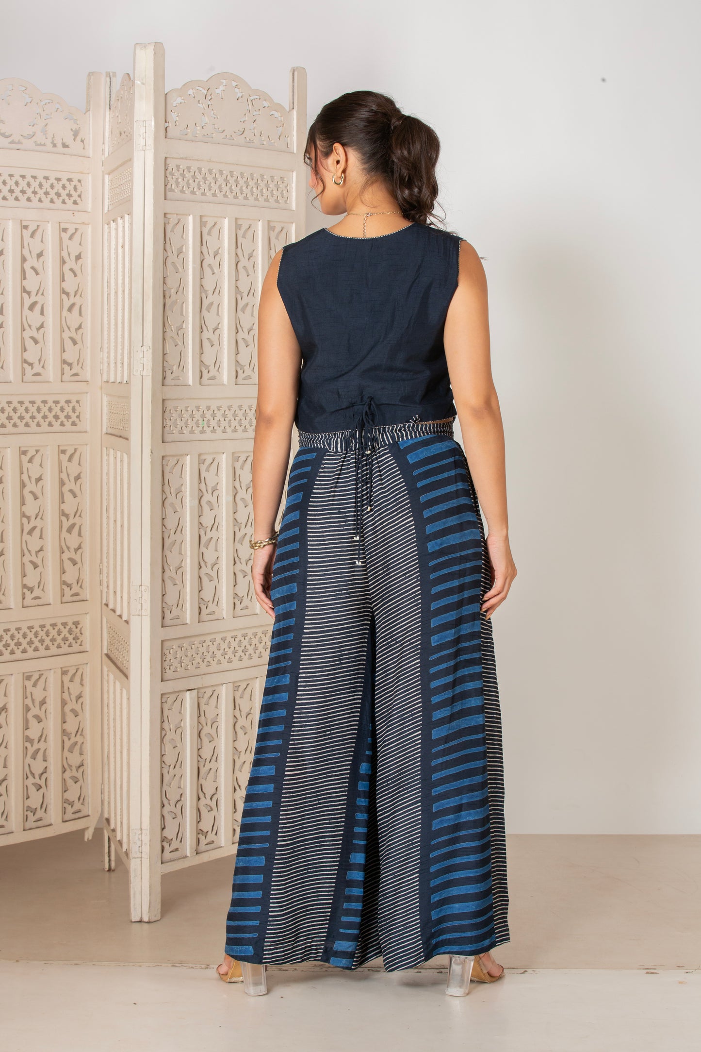 MIDNIGHT BLUE STRIPED PLEATED PANTS WITH WAISTCOAT SET