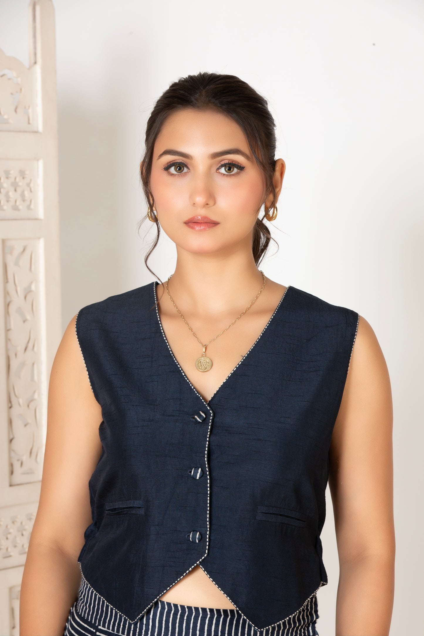 MIDNIGHT BLUE STRIPED PLEATED PANTS WITH WAISTCOAT SET