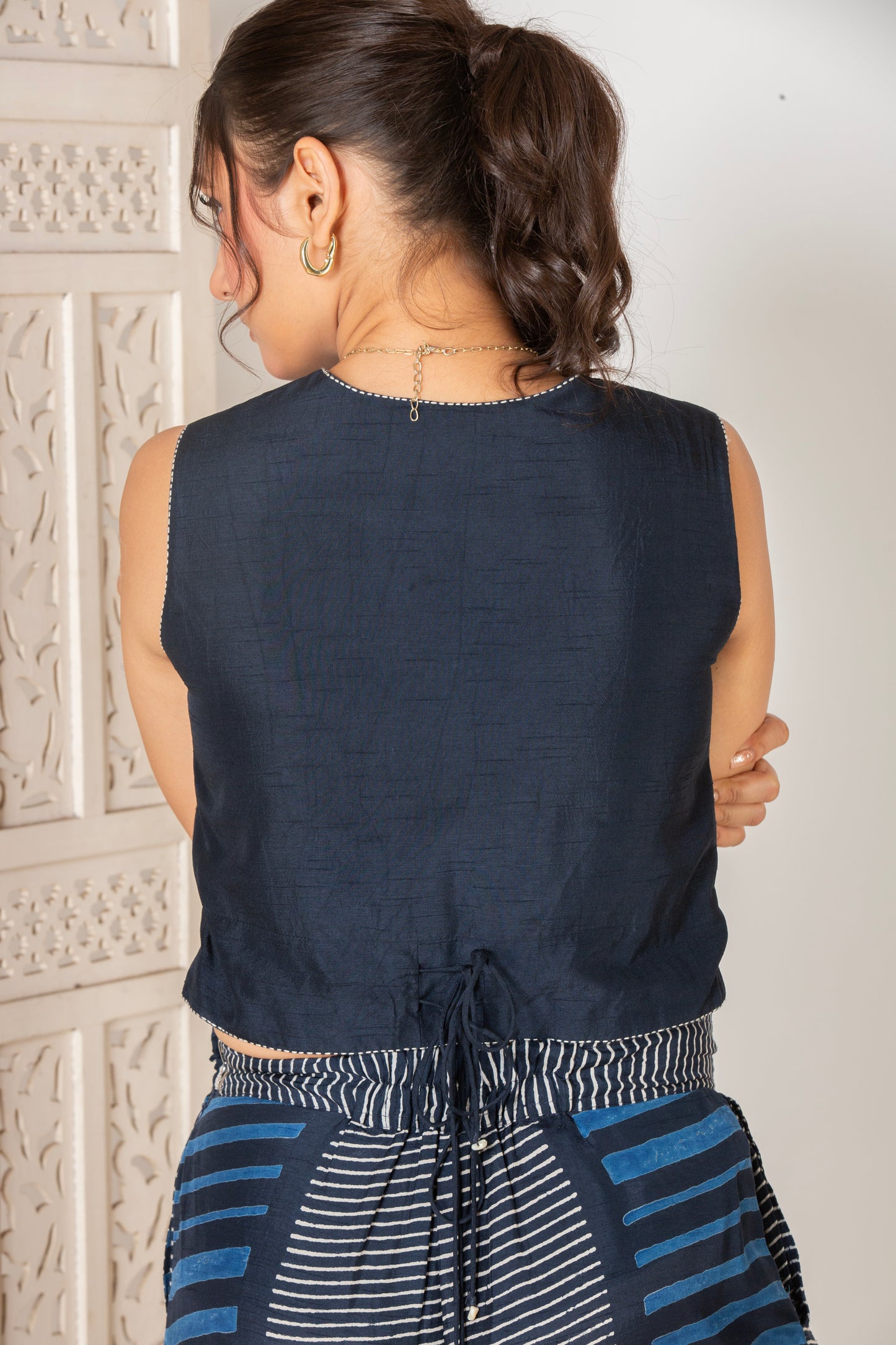 MIDNIGHT BLUE STRIPED PLEATED PANTS WITH WAISTCOAT SET