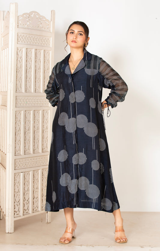 MIDNIGHT BLUE CIRCLE STRIPES A-LINE DRESS