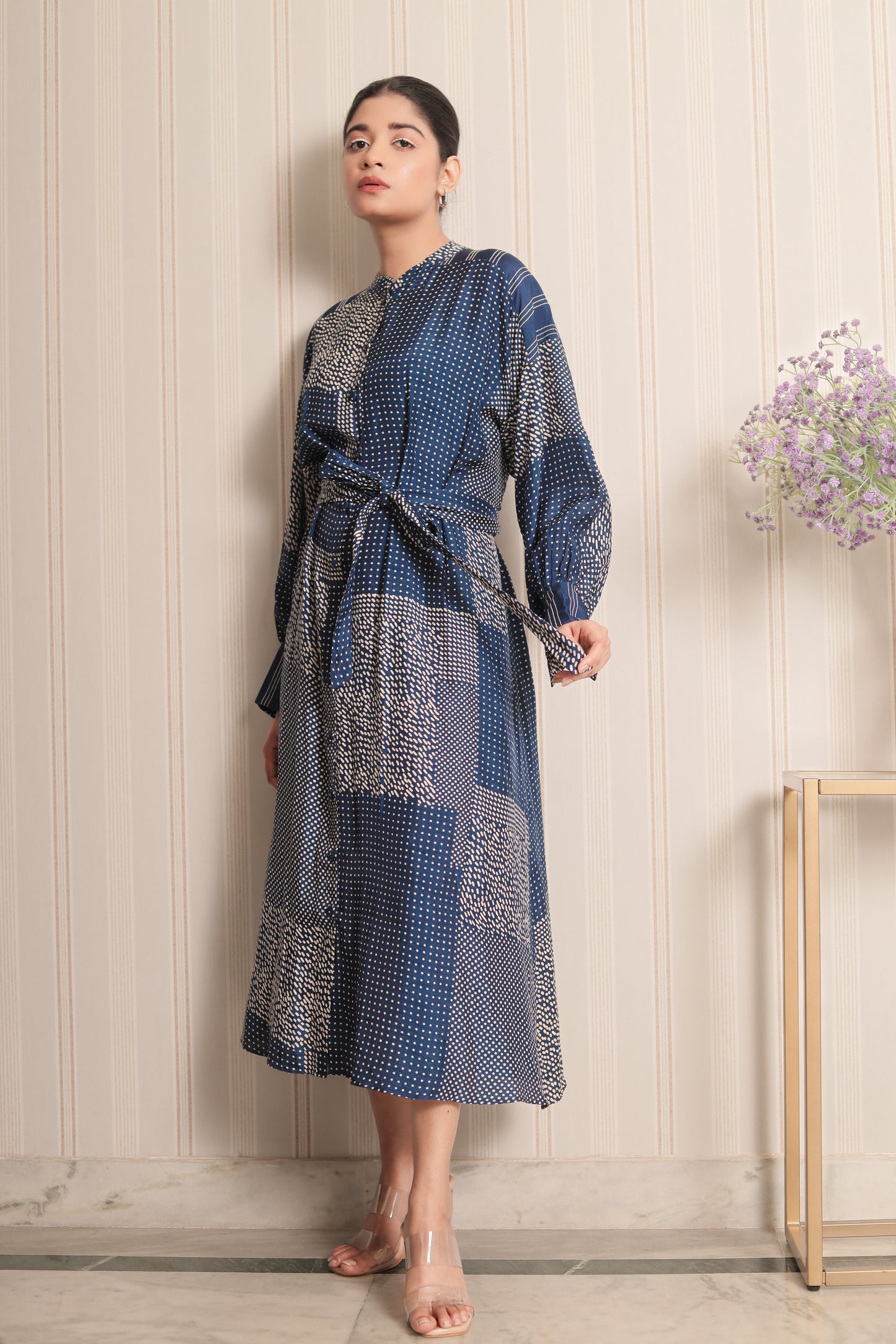 COBALT BLUE DOT PRINT PLEATED DRESS